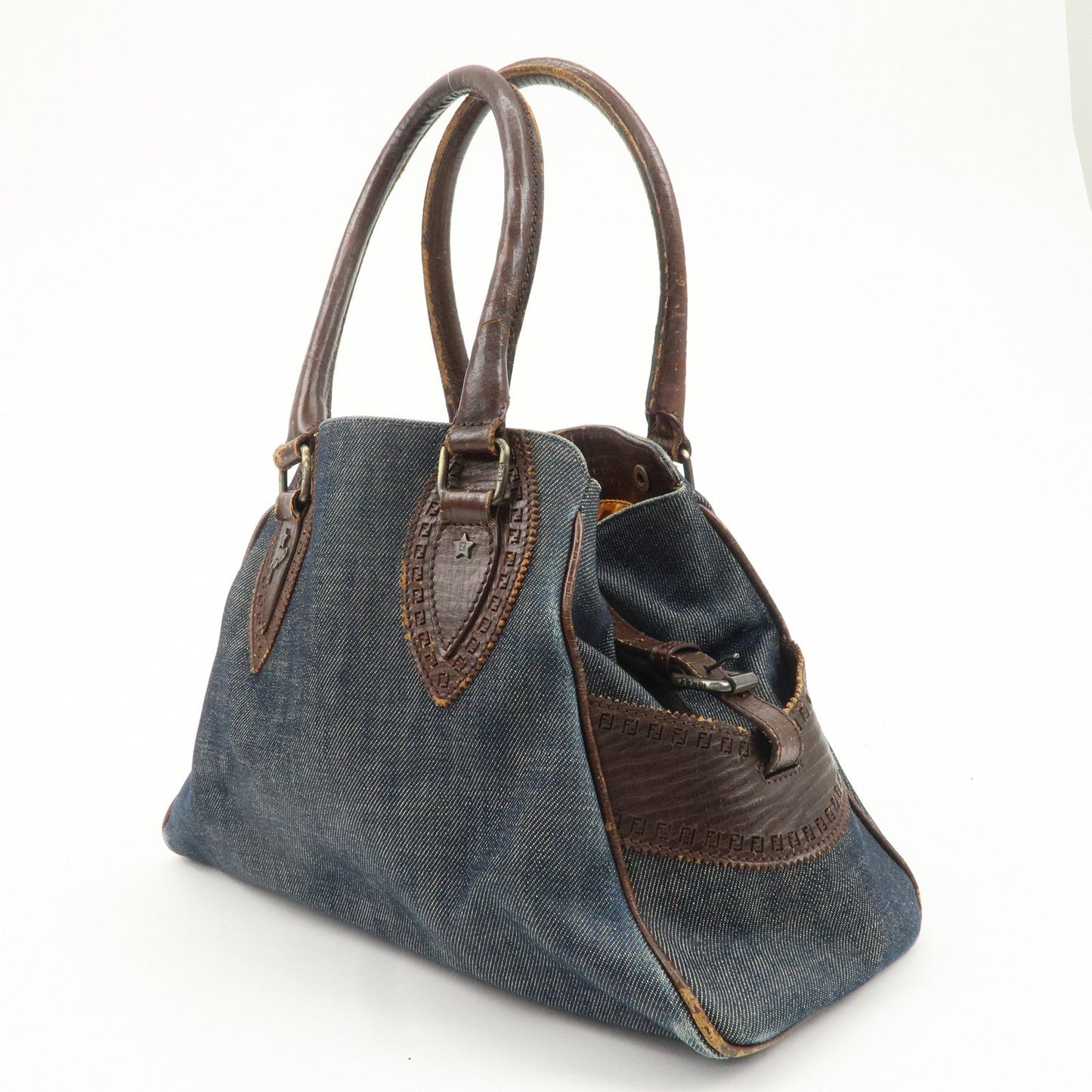 FENDI Ethnico Denim Leather Shoulder Bag Blue Brown 8BN157  d