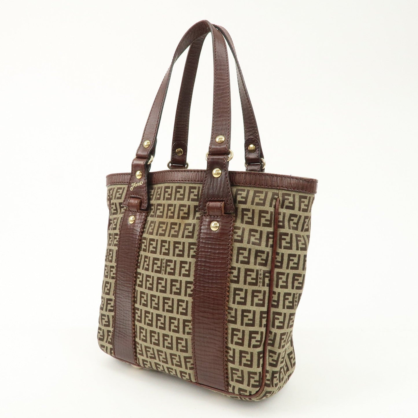 FENDI Zucchino Canvas Leather Tote Bag Khaki Brown 8BH161  d