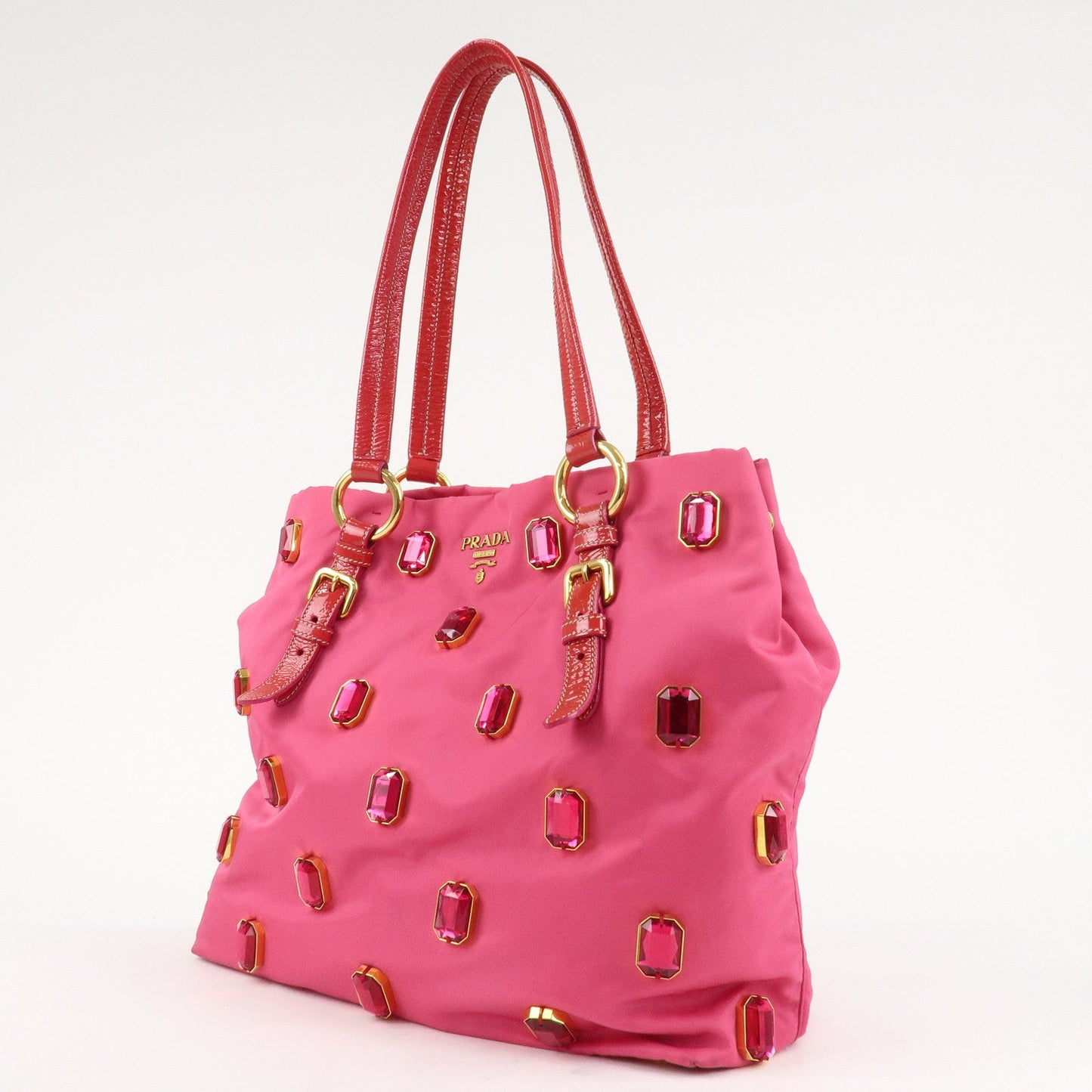 PRADA Nylon Patent Leather Bijou Tote Bag Pink Red BR4138  d