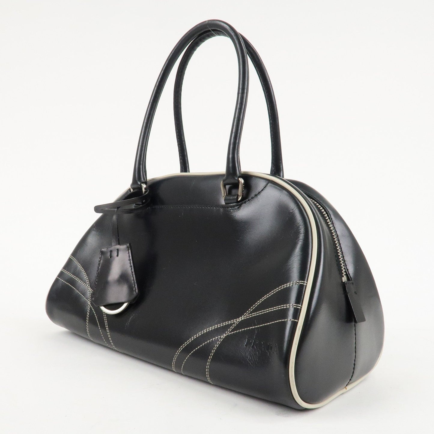 PRADA Leather Mini Boston Bag Shoulder Bag Black Silver HDW  d