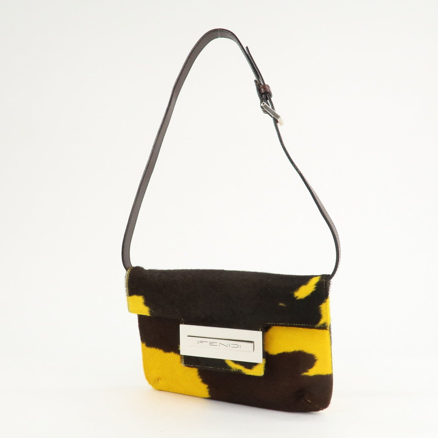 FENDI COW Unborn Calf Leather Shoulder Bag Yellow Brown  d