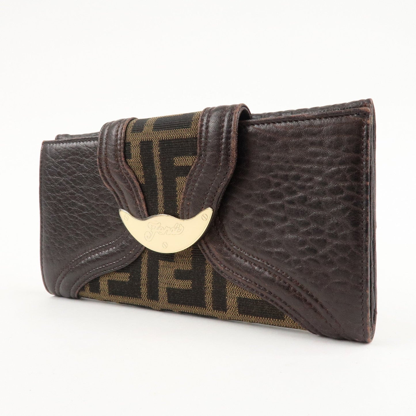 FENDI Zucca Canvas Leather W Hook Bifold Long Wallet 8N0032  d