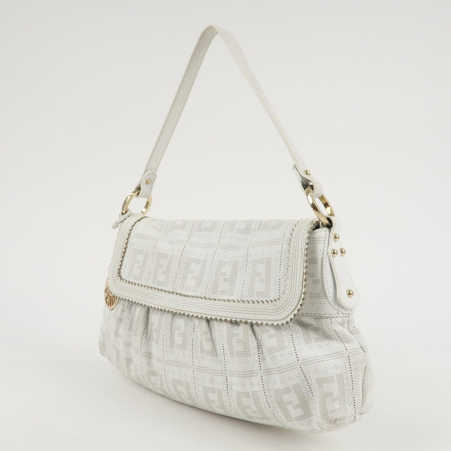 FENDI Zucca Leather Shoulder Bag Hand Bag White 8BR445  d