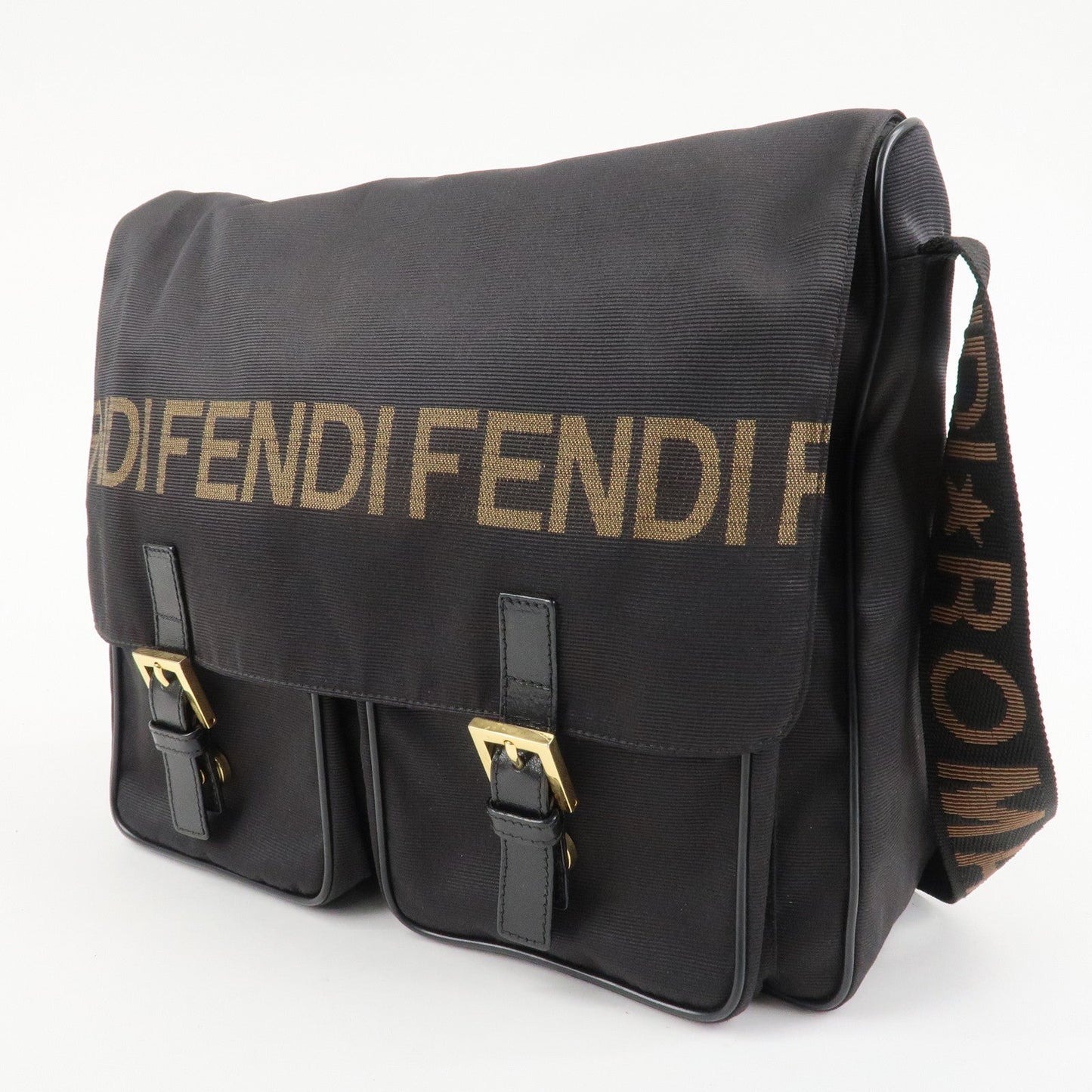 FENDI Nylon Canvas Leather Shoulder Bag Hand Bag Black Brown  d