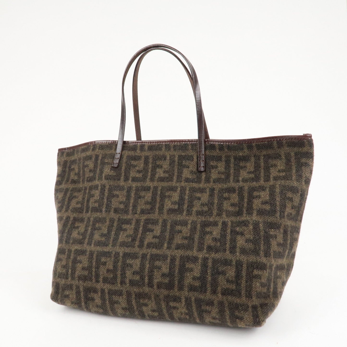 FENDI Zucca Wool Leather Tote Bag Khaki Black Dark Brown  d