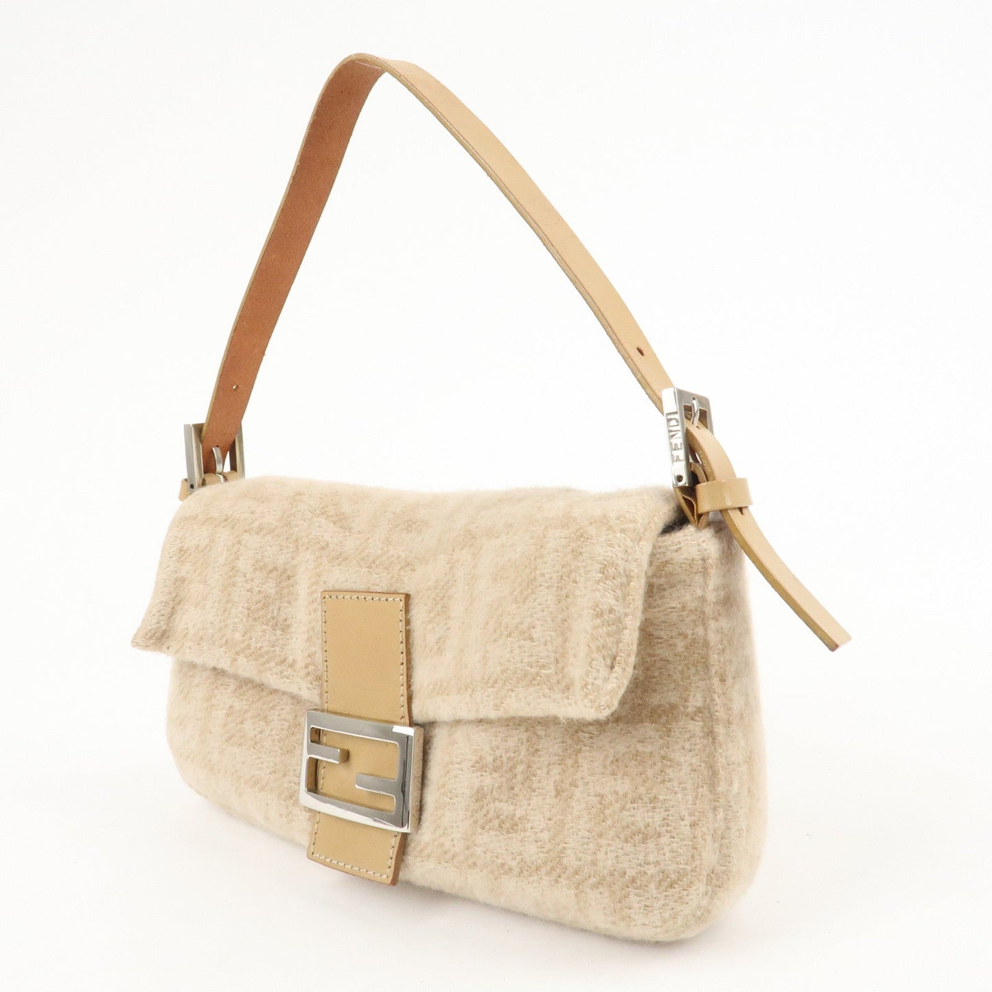 FENDI Mamma Baguette Zucca Wool Leather Shoulder Bag Beige 26424  d