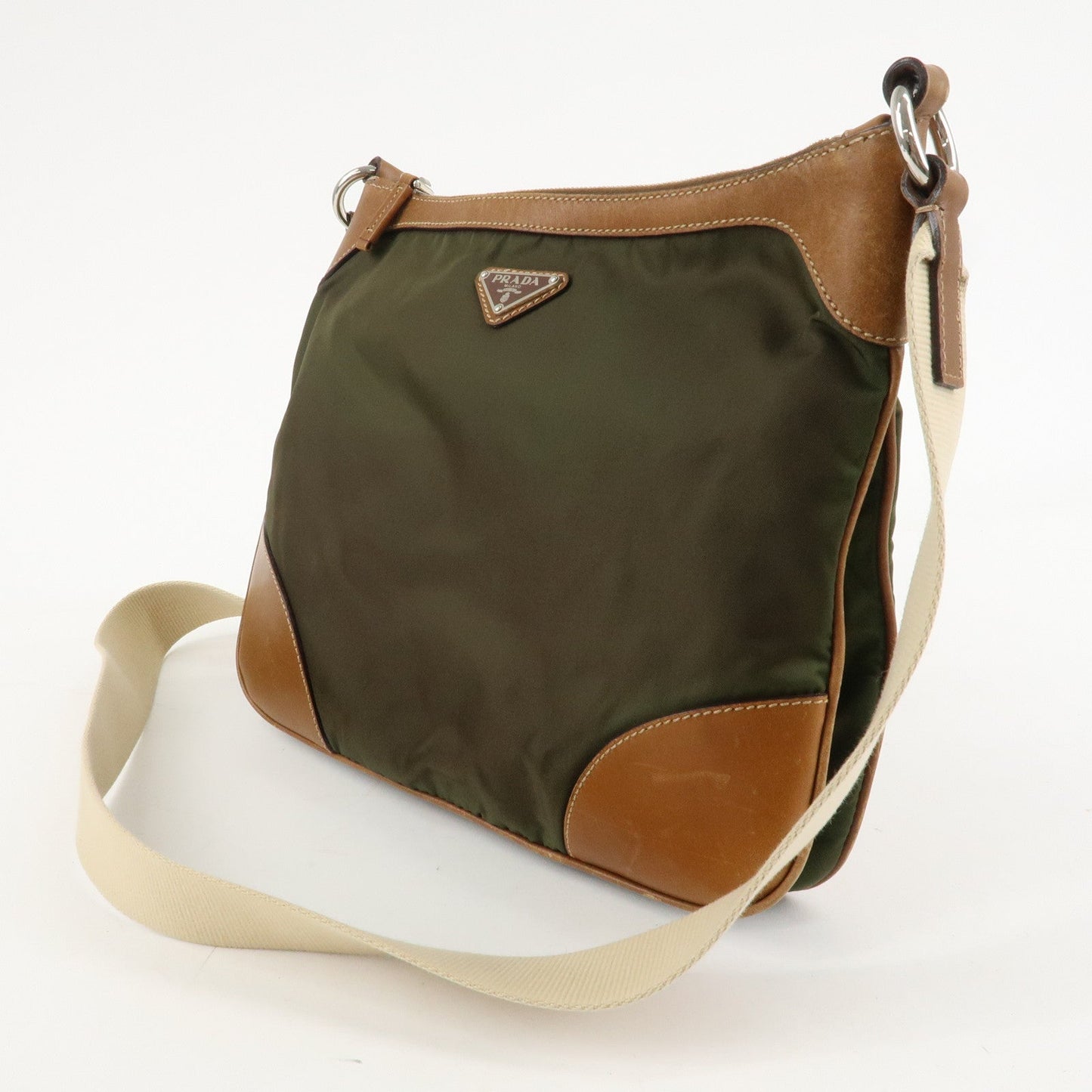 PRADA Nylon Leather Triangle Logo Shoulder Bag Khaki BT0507  d