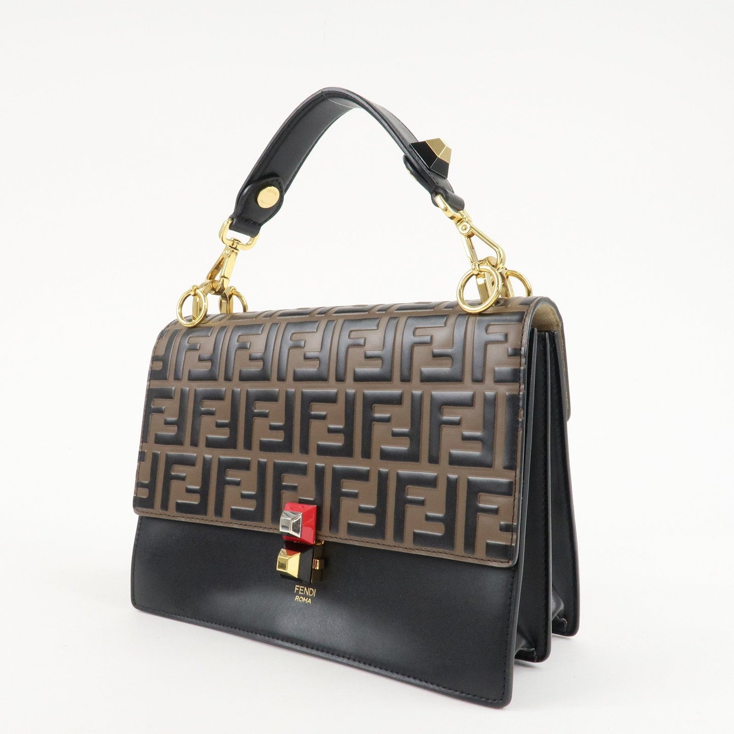 FENDI Zucca KAN I Leather 2Way Bag Hand Bag Brown Black 8BT283  d