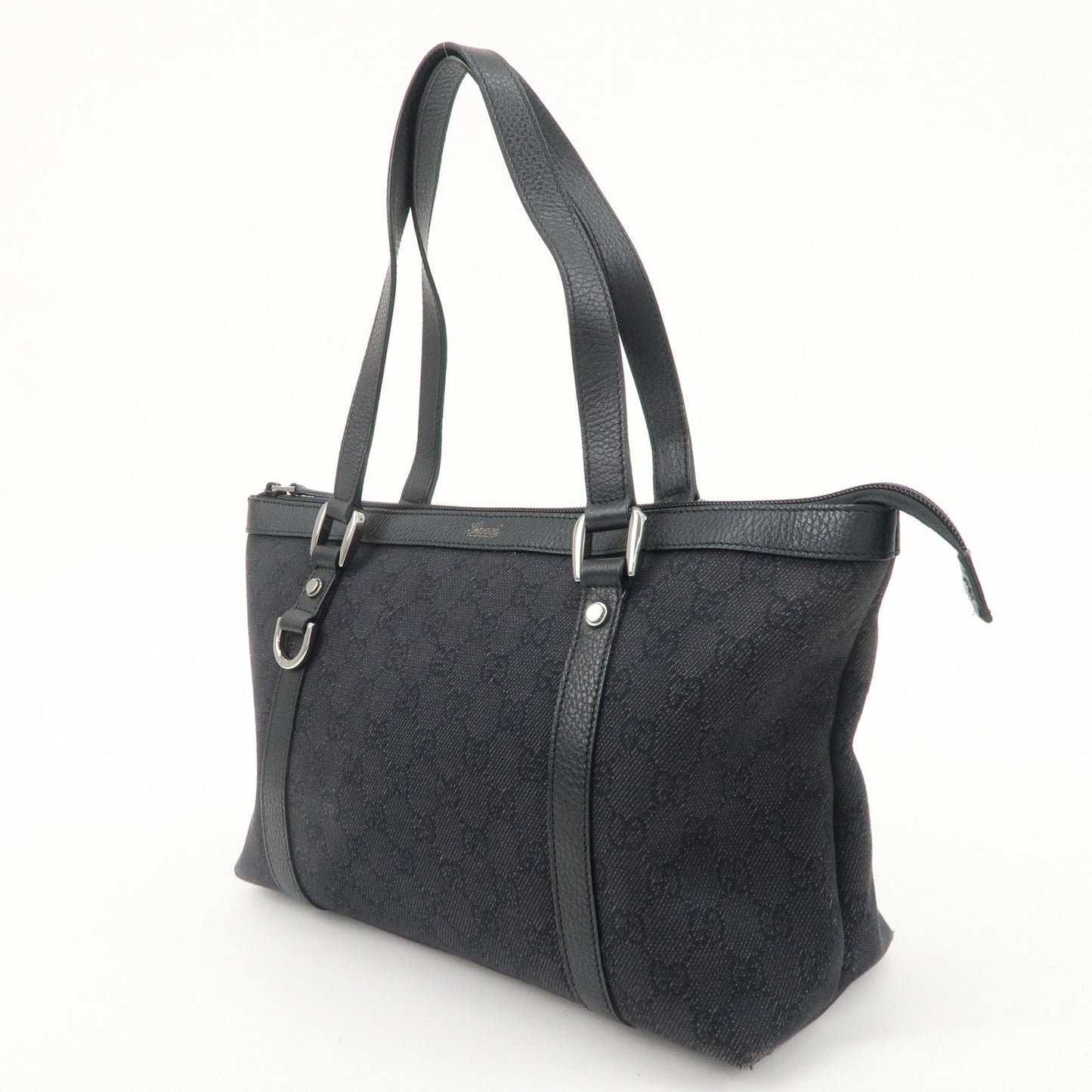 GUCCI Abbey GG Denim Leather Tote Bag Shoulder Bag Black