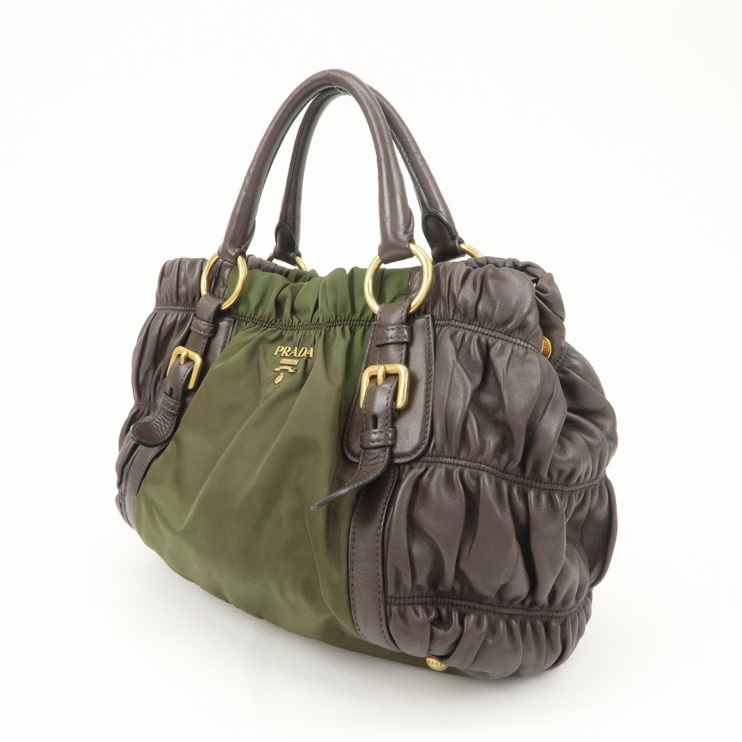 PRADA Nylon Leather Gathered Hand Bag Green Brown BN1793  d