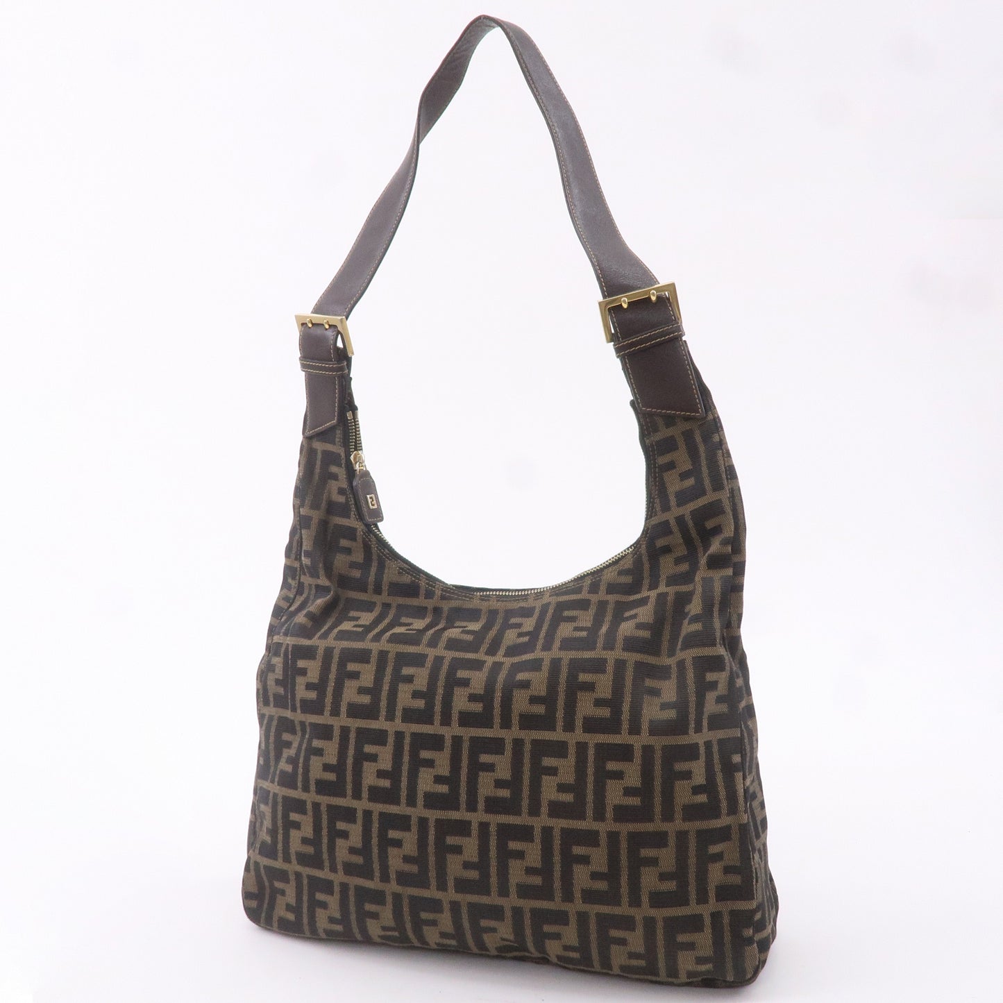 FENDI Zucca Canvas Leather Shoulder Bag Brown Black
