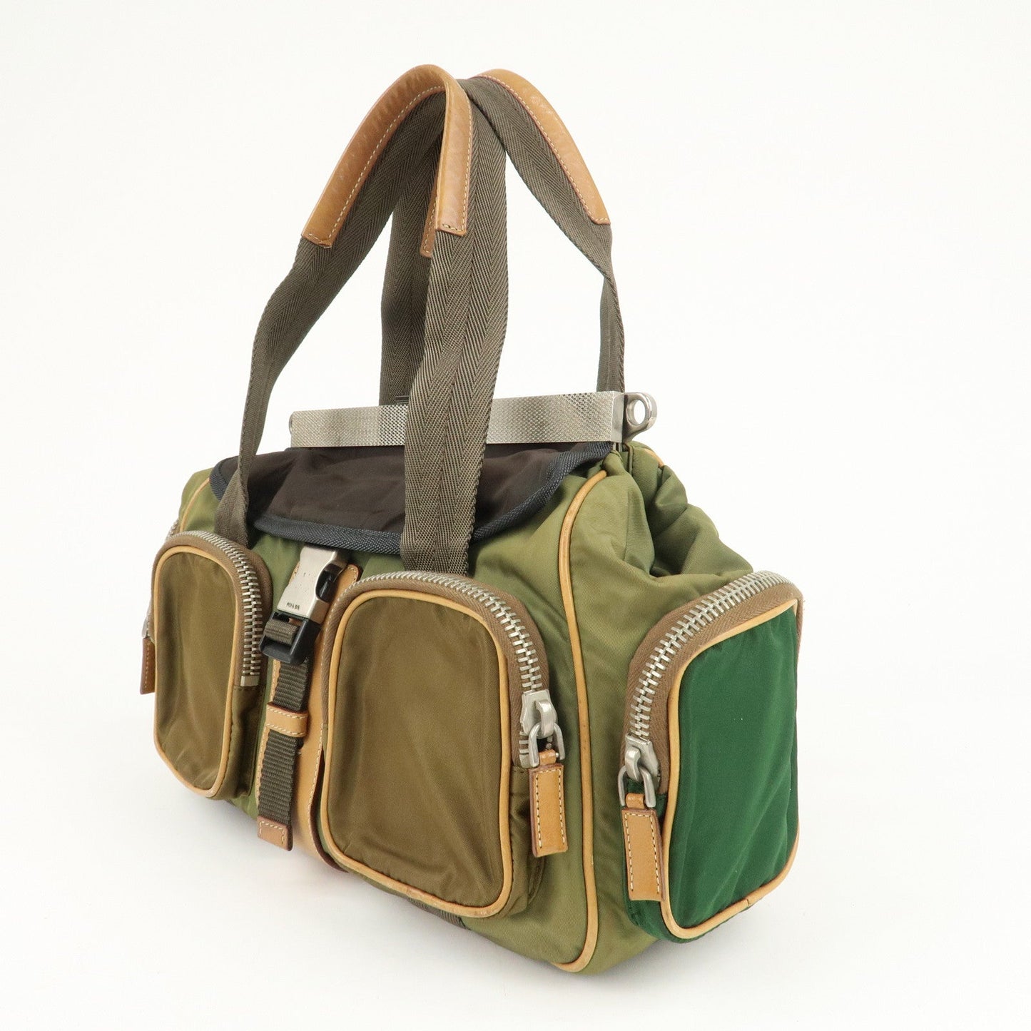 PRADA Nylon Leather Shoulder Bag Khaki Brown Green  d