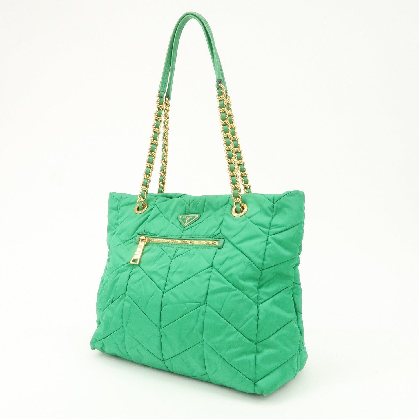 PRADA Triangle Logo Nylon Leather Chain Tote Bag Green BR4383  d
