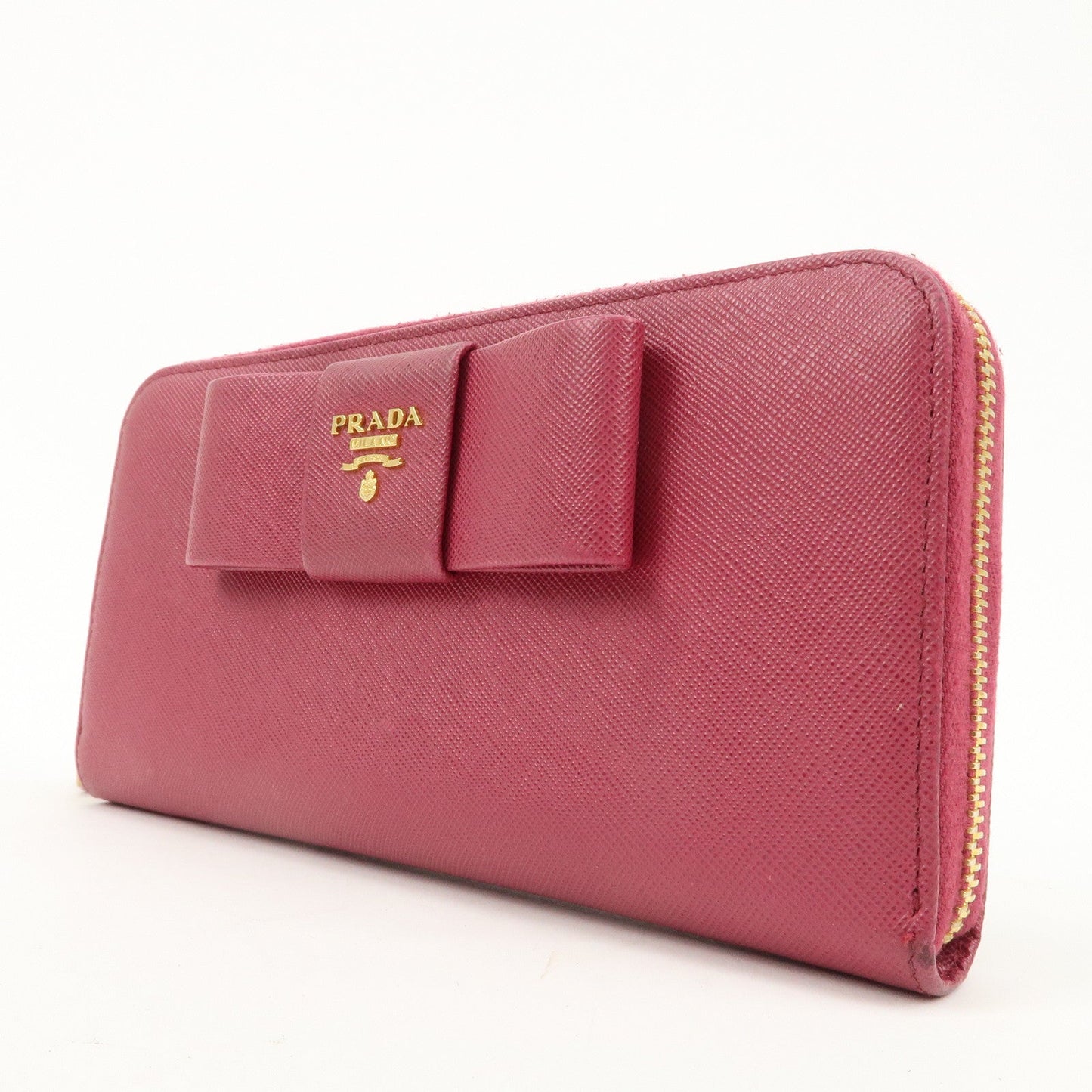 PRADA Logo Saffiano Leather Round Zipper Long Wallet Pink 1M0506  d