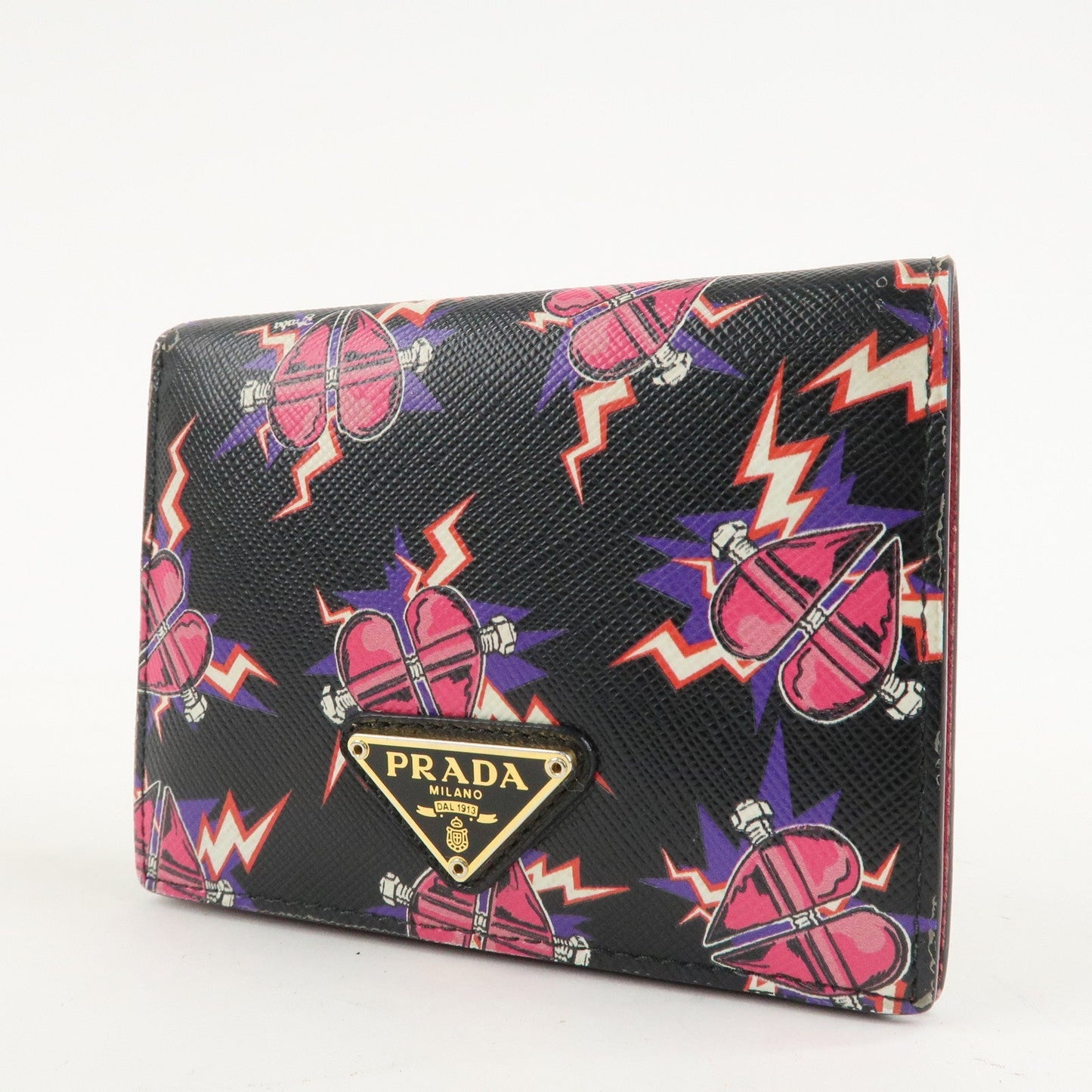 PRADA Logo Saffiano Leather Heart Print Bi-fold Wallet 1MV204  d