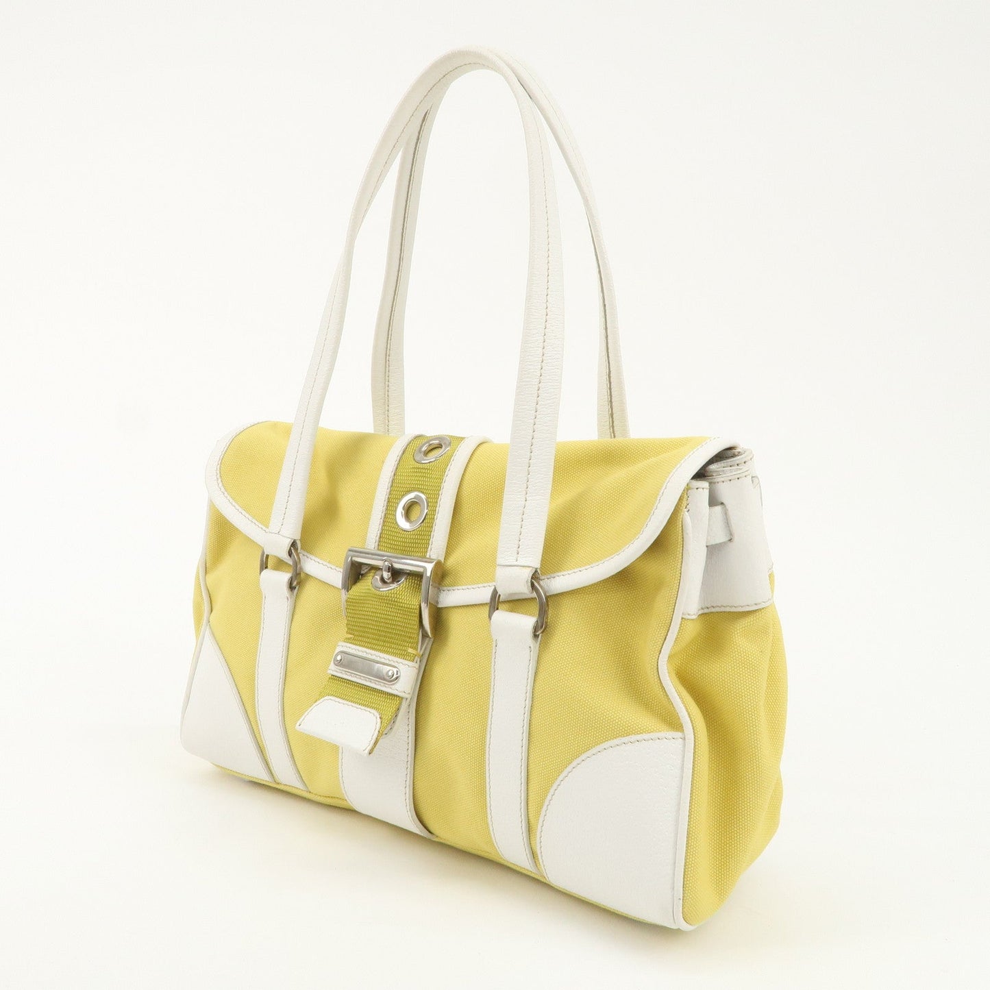 PRADA Triangle Logo Canvas Leather Shoulder Bag Yellow Silver HDW  d