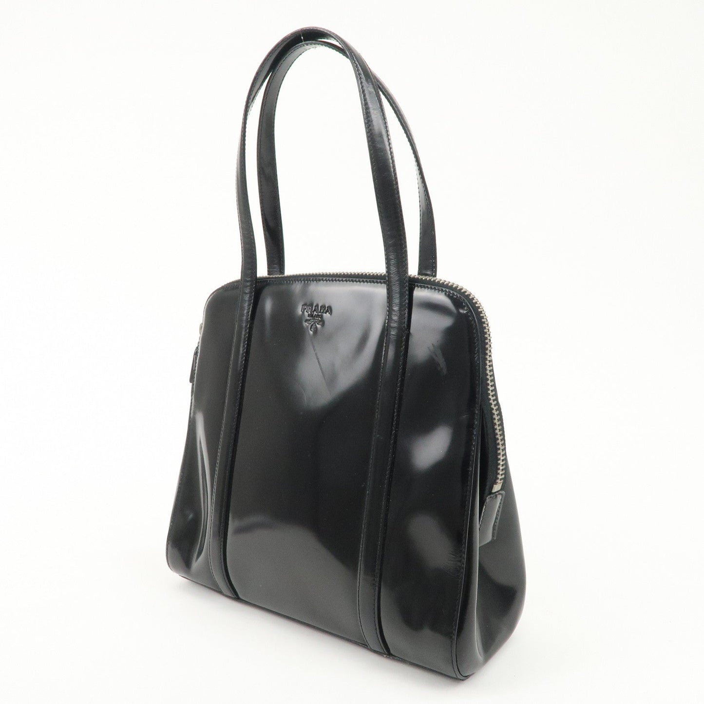 PRADA Patent Leather Tote Bag Hand Bag Black Silver HDW  d