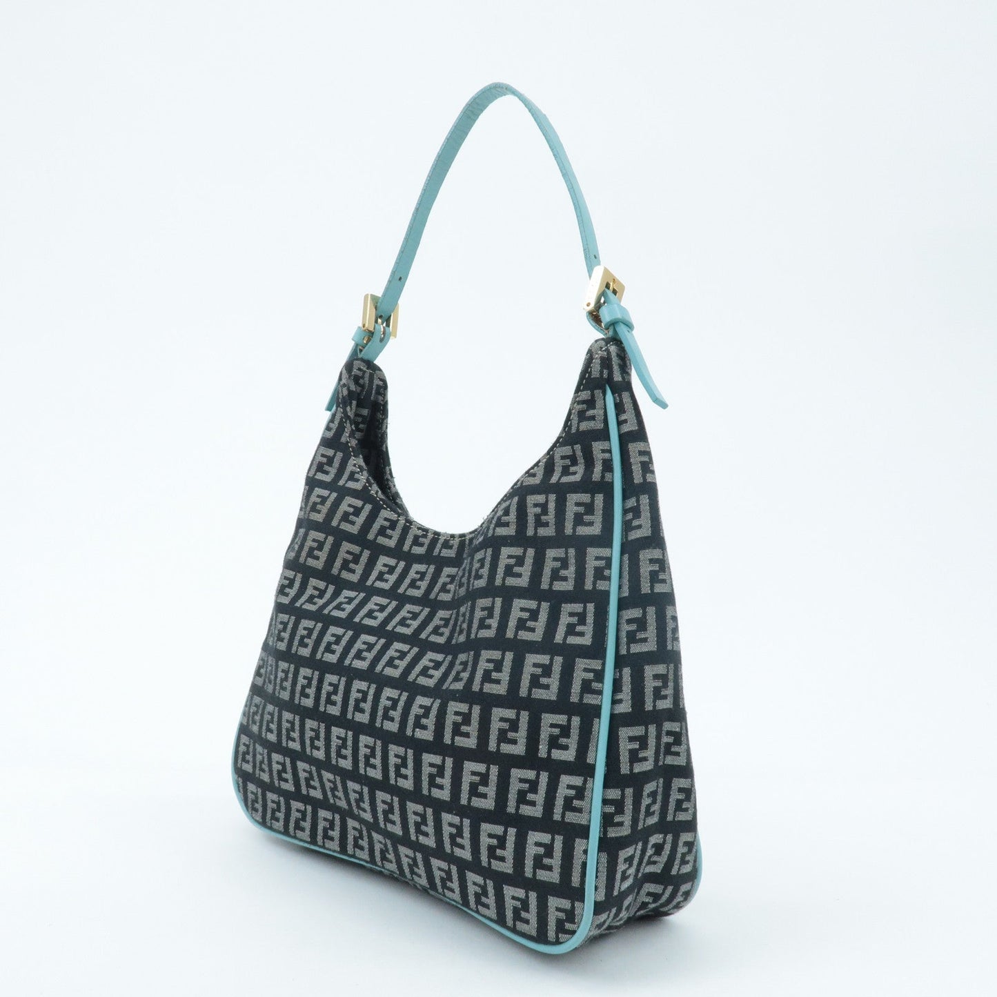 FENDI Zucchino Canvas Leather Shoulder Bag Black White Blue 8BR158  d