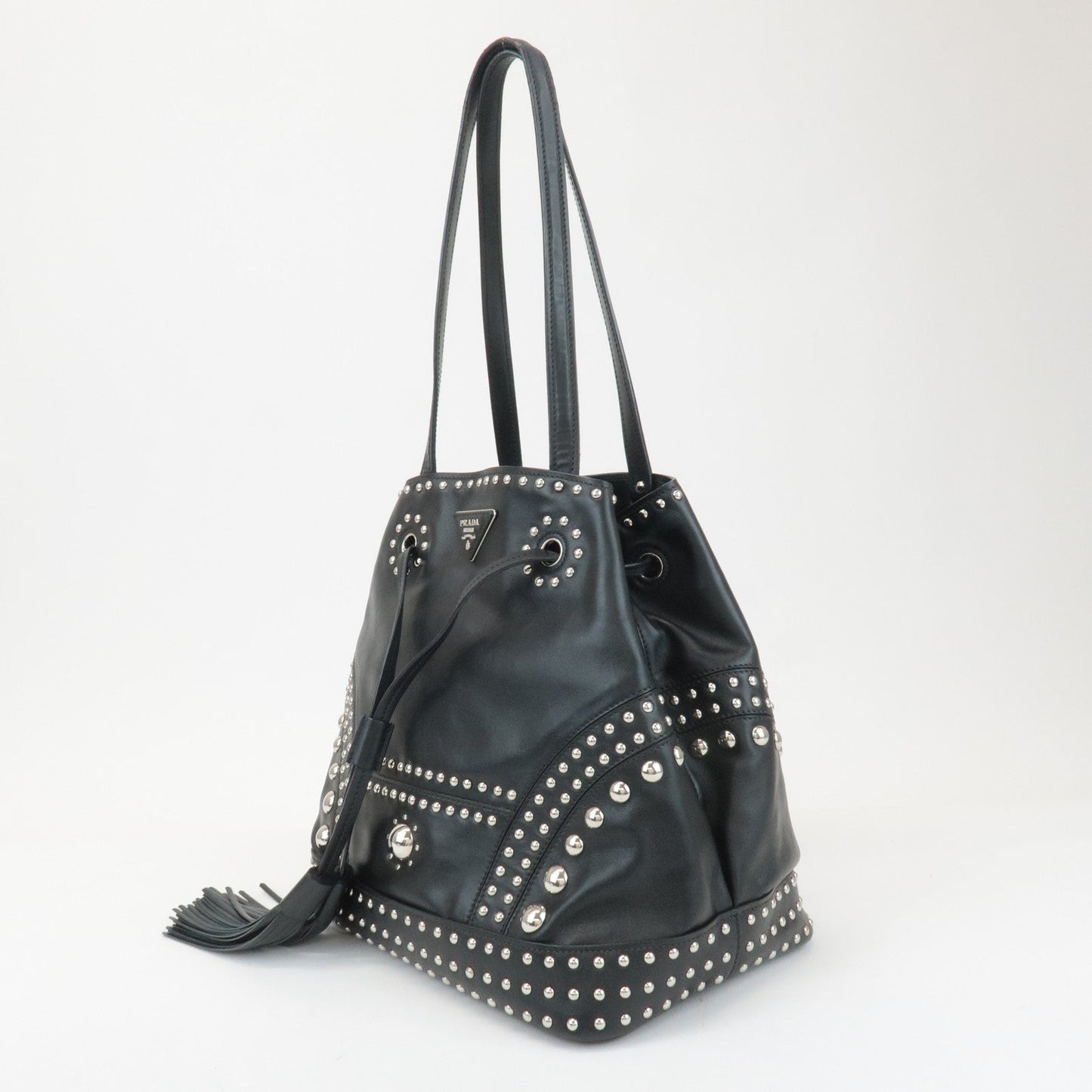 PRADA Calf Leather Drawstring Shoulder Bag Studs Tassel B5061M  d