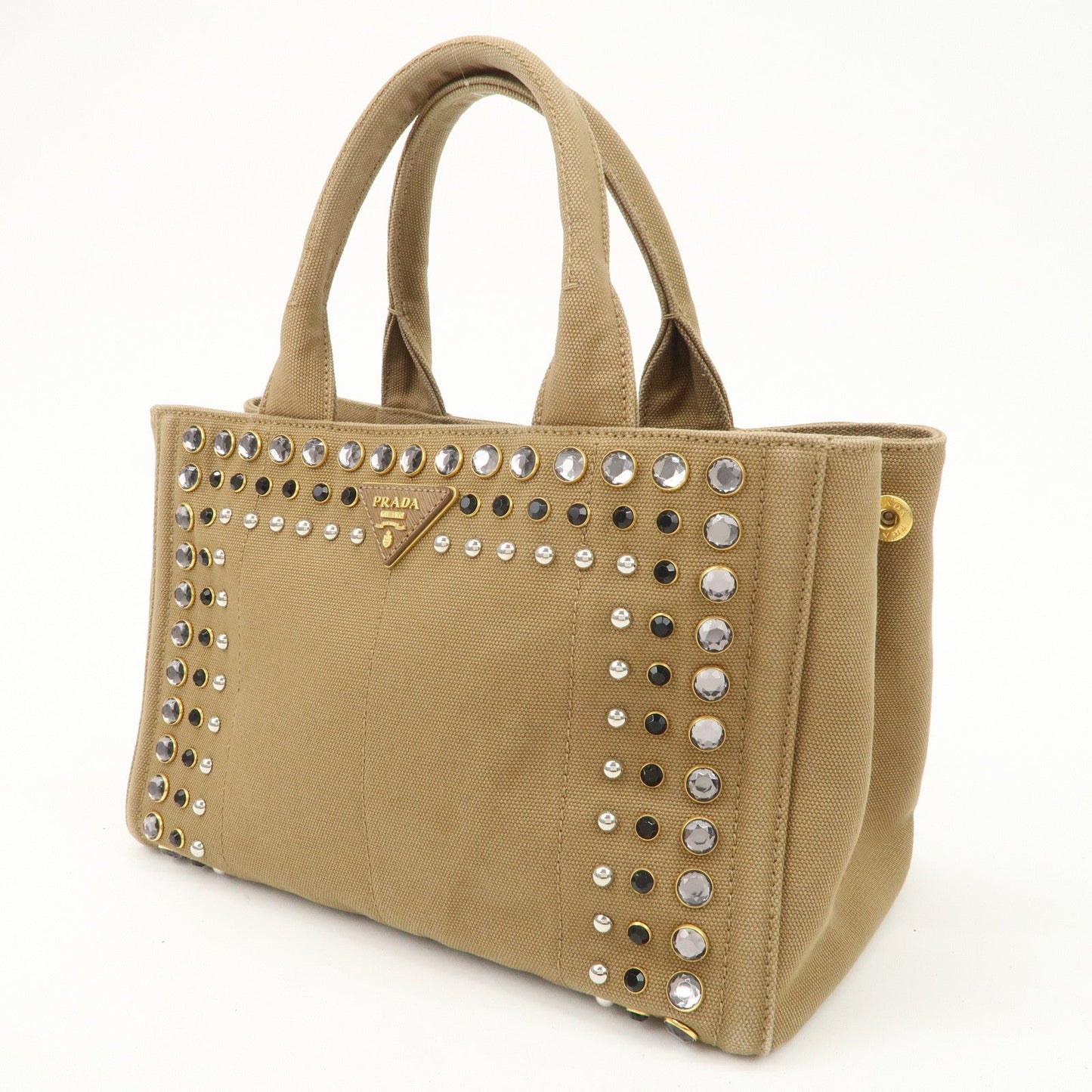 PRADA Logo Canapa Canvas Bijou Studs 2Way Hand Tote Bag Brown  d