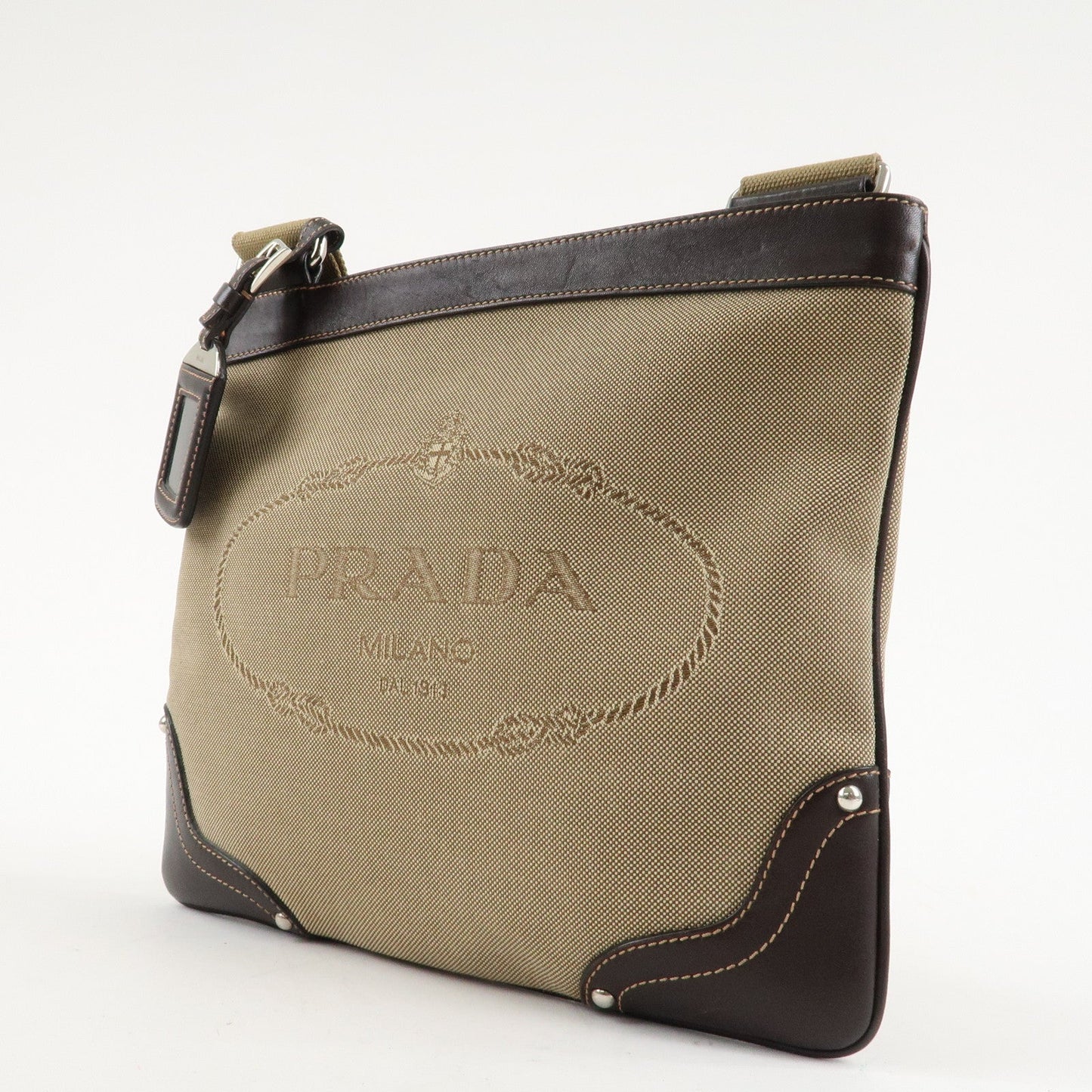 PRADA Logo Jacquard Leather Shoulder Bag Beige Dark Brown M506A  d