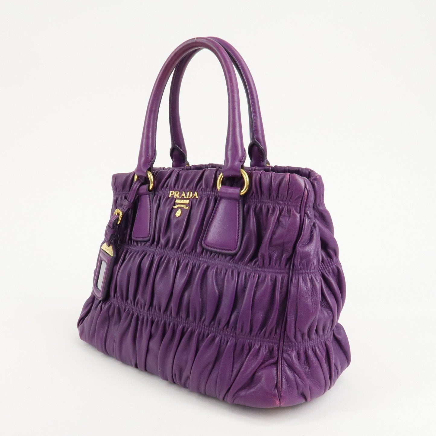 PRADA Leather Gathered Hand Bag Purple Gold Hardware BN2394  d
