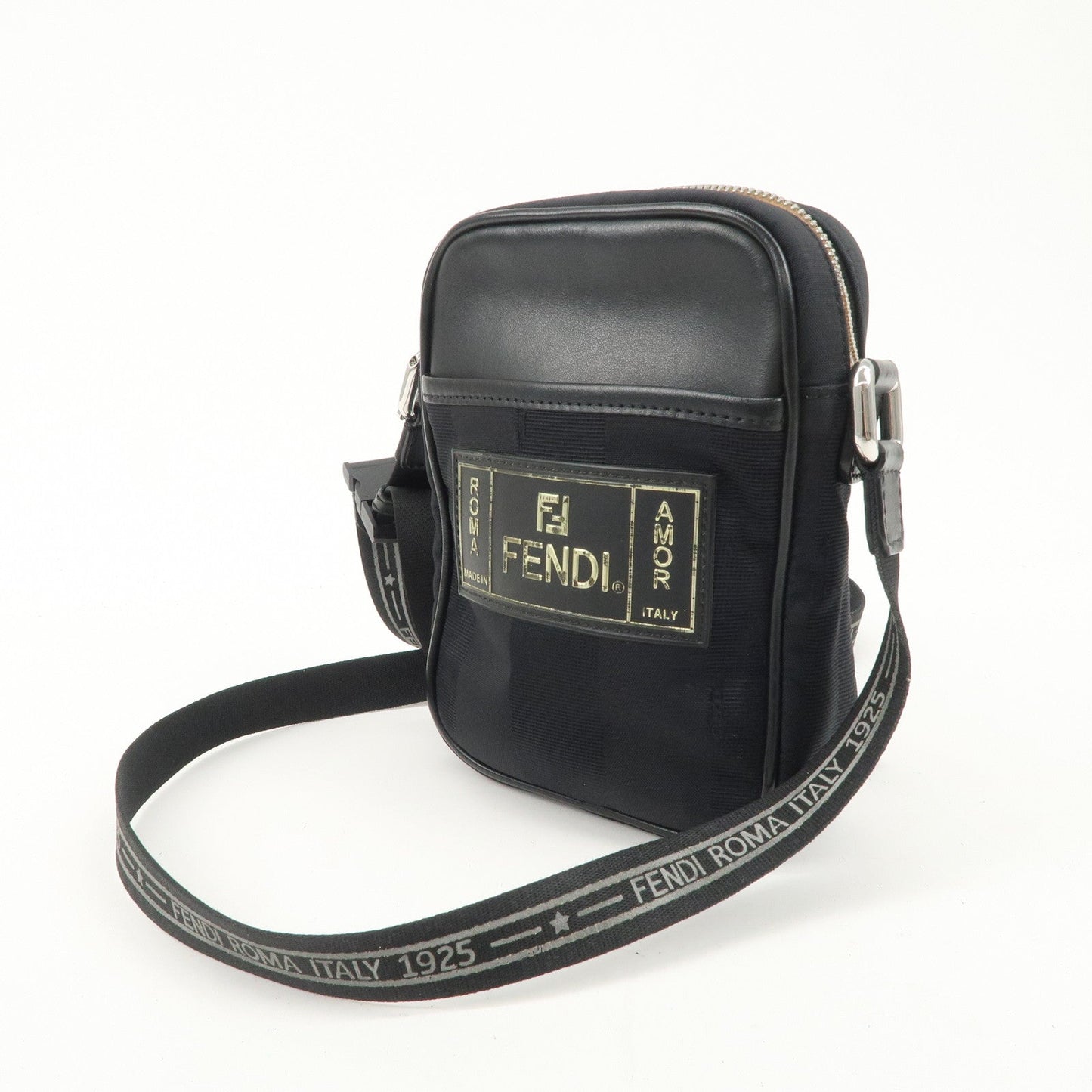FENDI Pequin Nylon Leather Shoulder Bag Black 7VA456  d