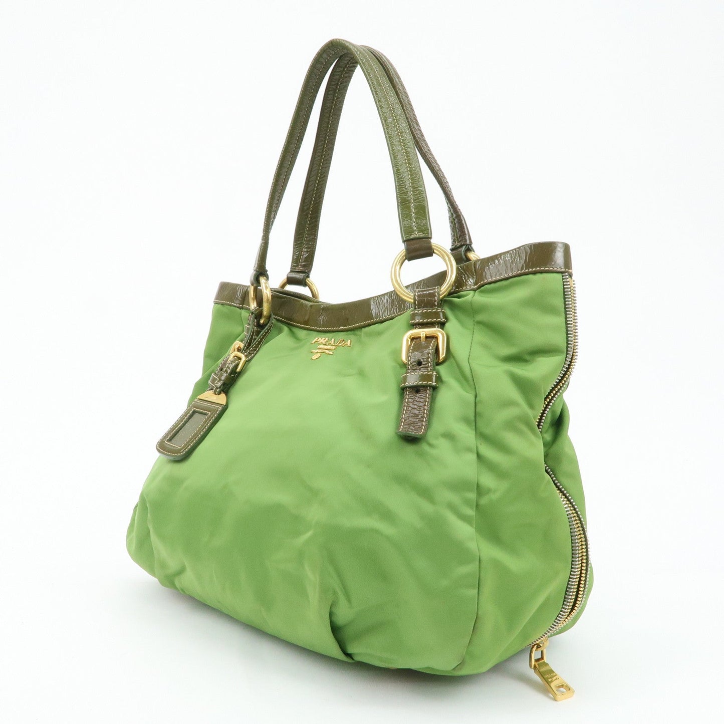 PRADA Nylon Patent Leather Tote Bag Shoulder Bag Green Khaki  d