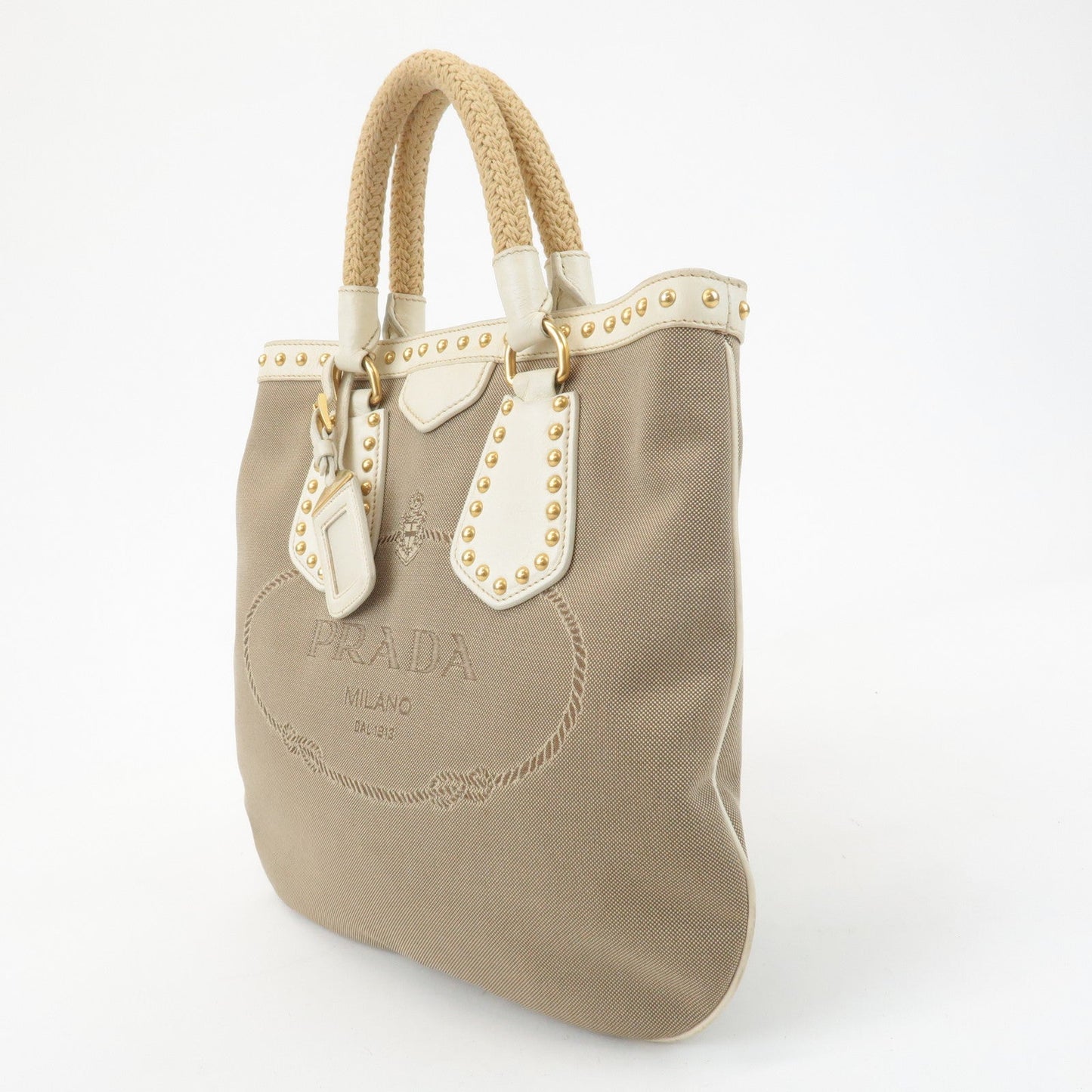 PRADA Canvas Leather 2WAY Logo Studs Hand Bag Beige BN1450  d