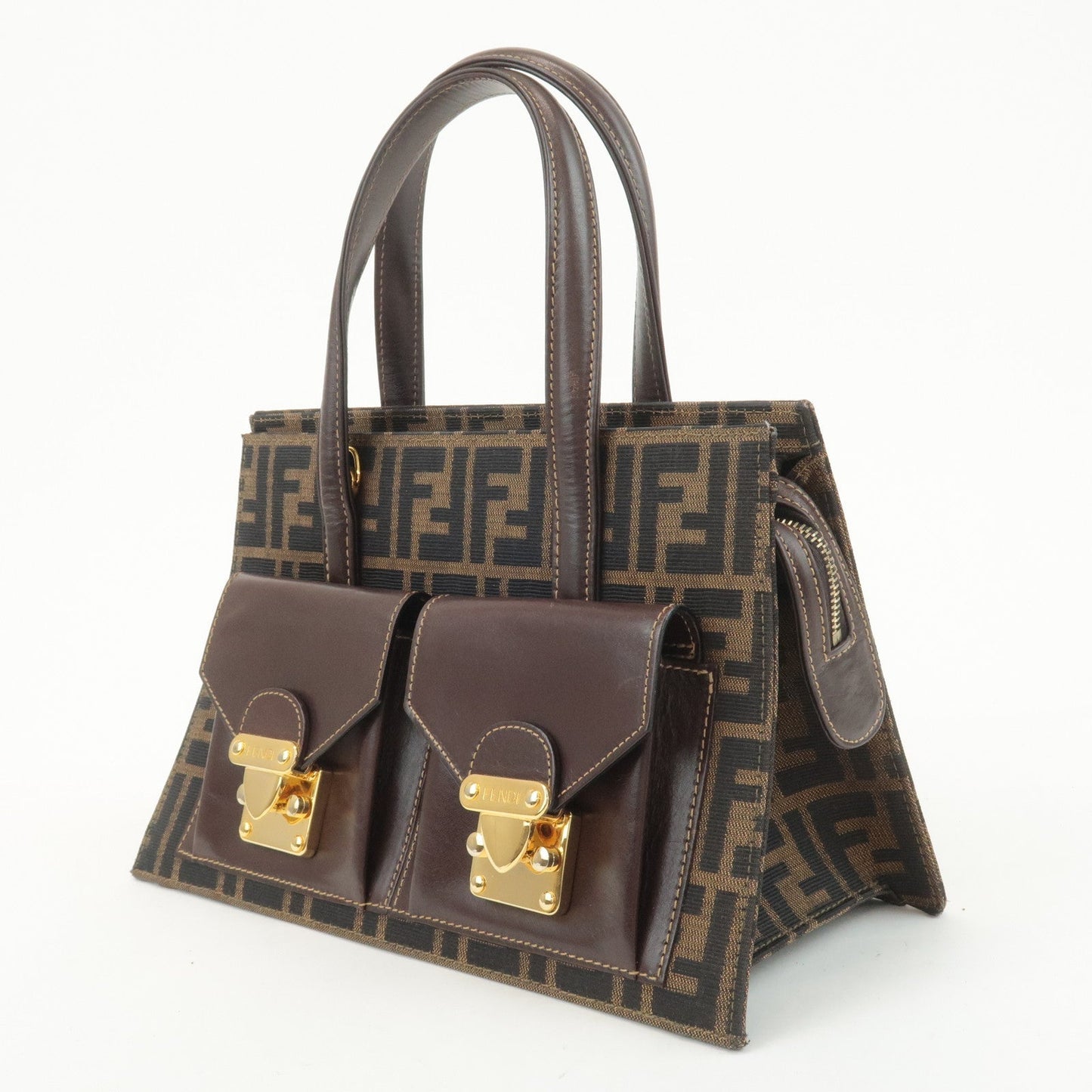 FENDI Zucca Canvas Leather Boston Bag Hand Bag Brown Black  d