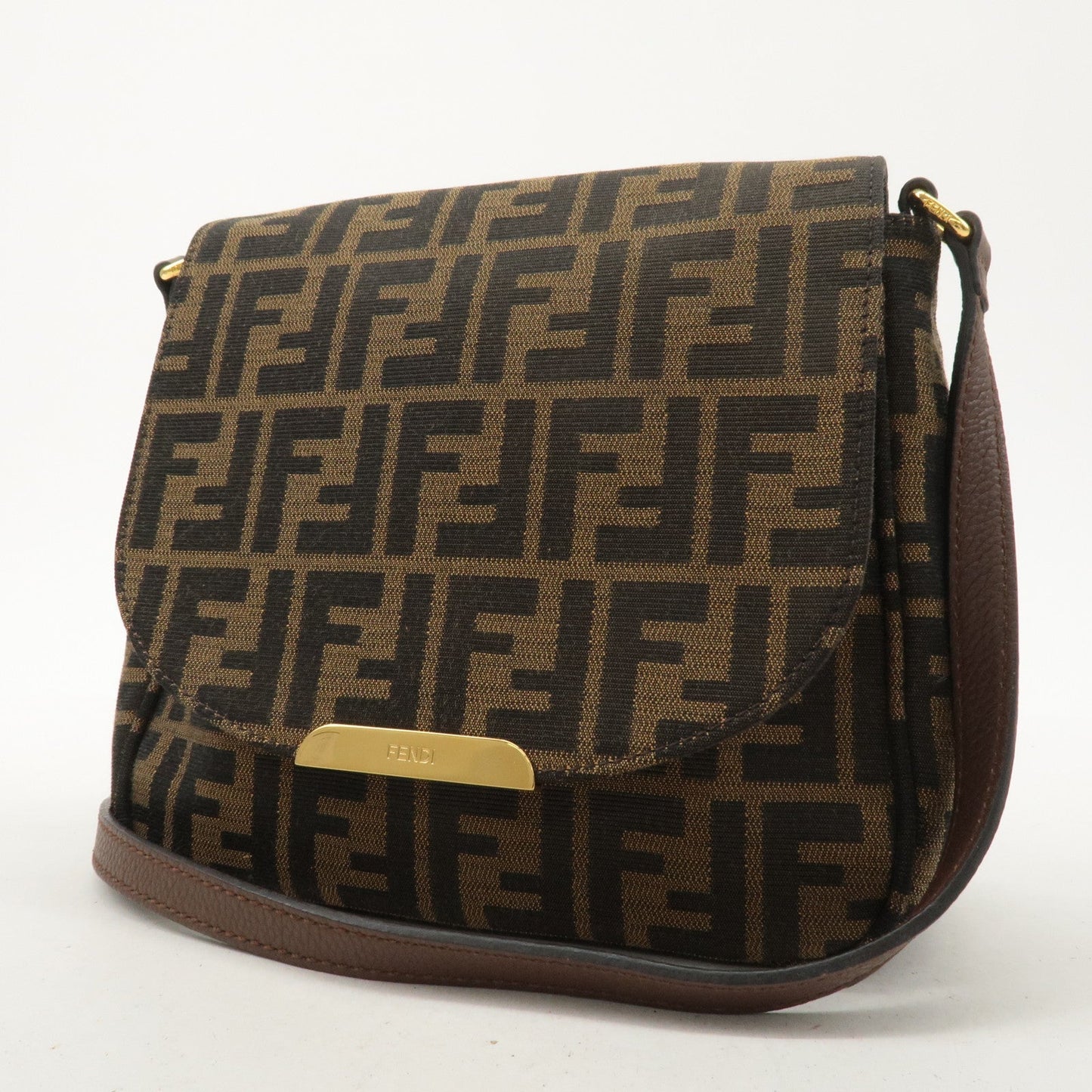 FENDI Zucca Canvas Leather Shoulder Bag Khaki Brown