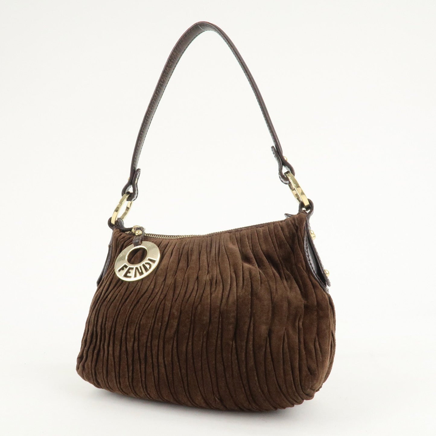 FENDI Suede Leather Gathered Shoulder Bag Dark Brown 8BR454  d
