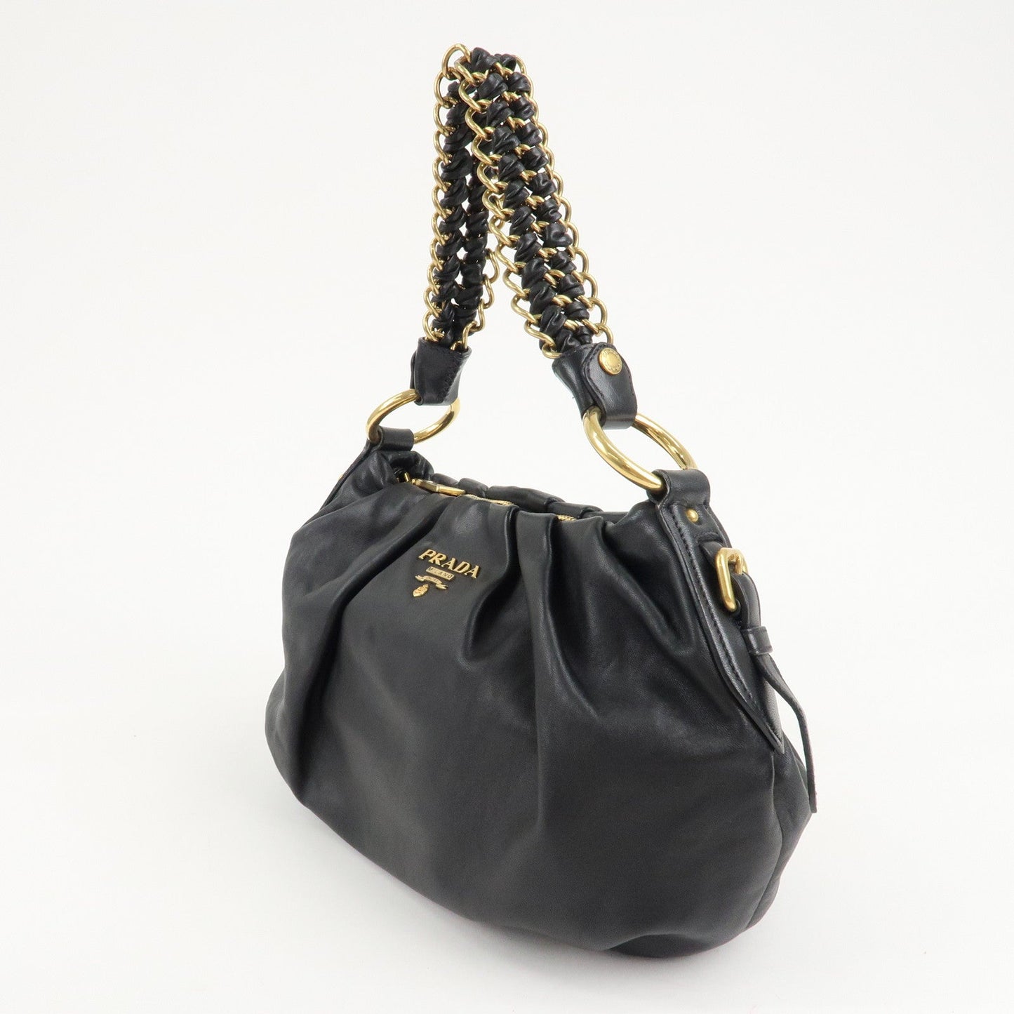 PRADA Leather Chain One-Shoulder Bag Black Gold Hardware  d