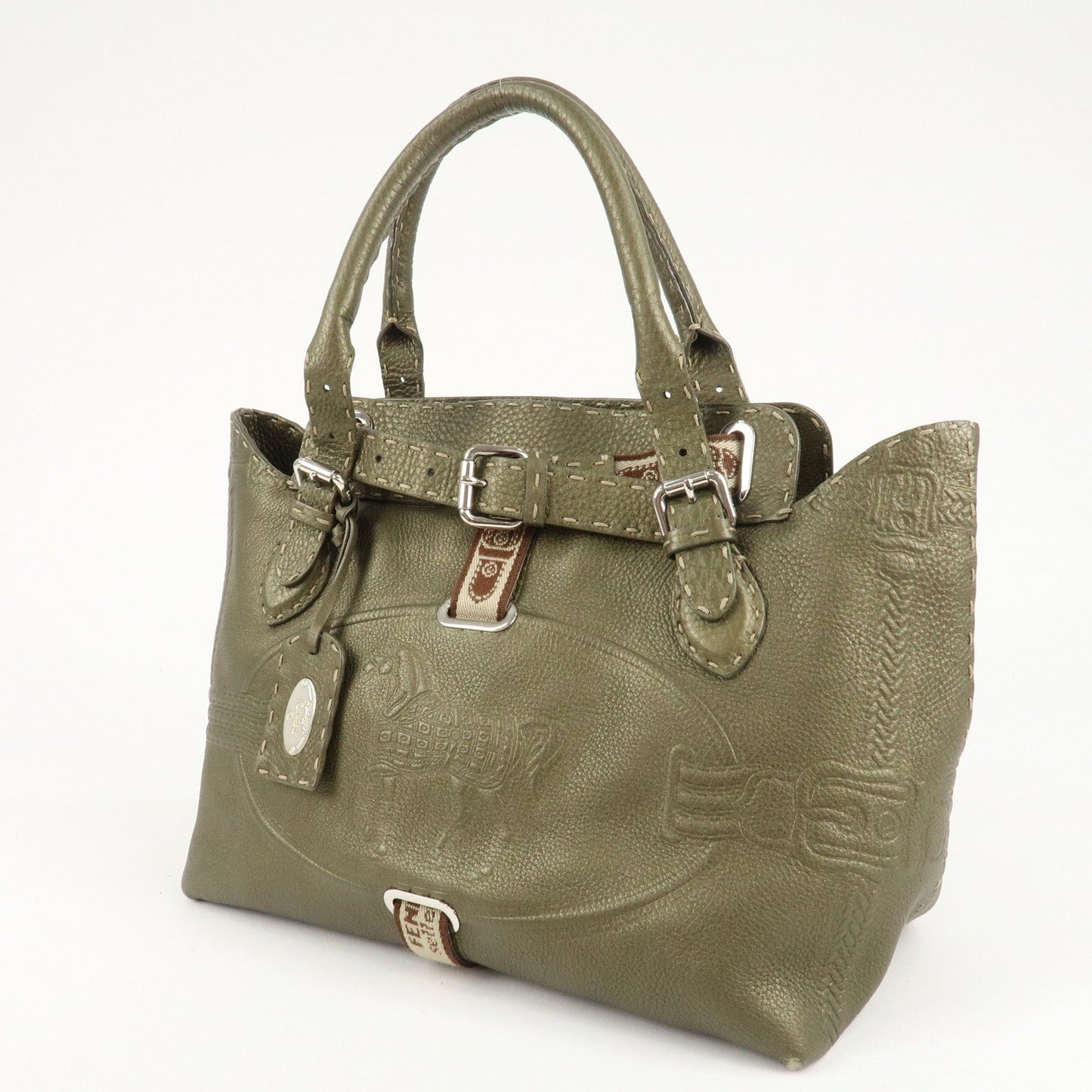 FENDI Selleria Leather Tote Bag Shoulder Bag Khaki 8BN155  d