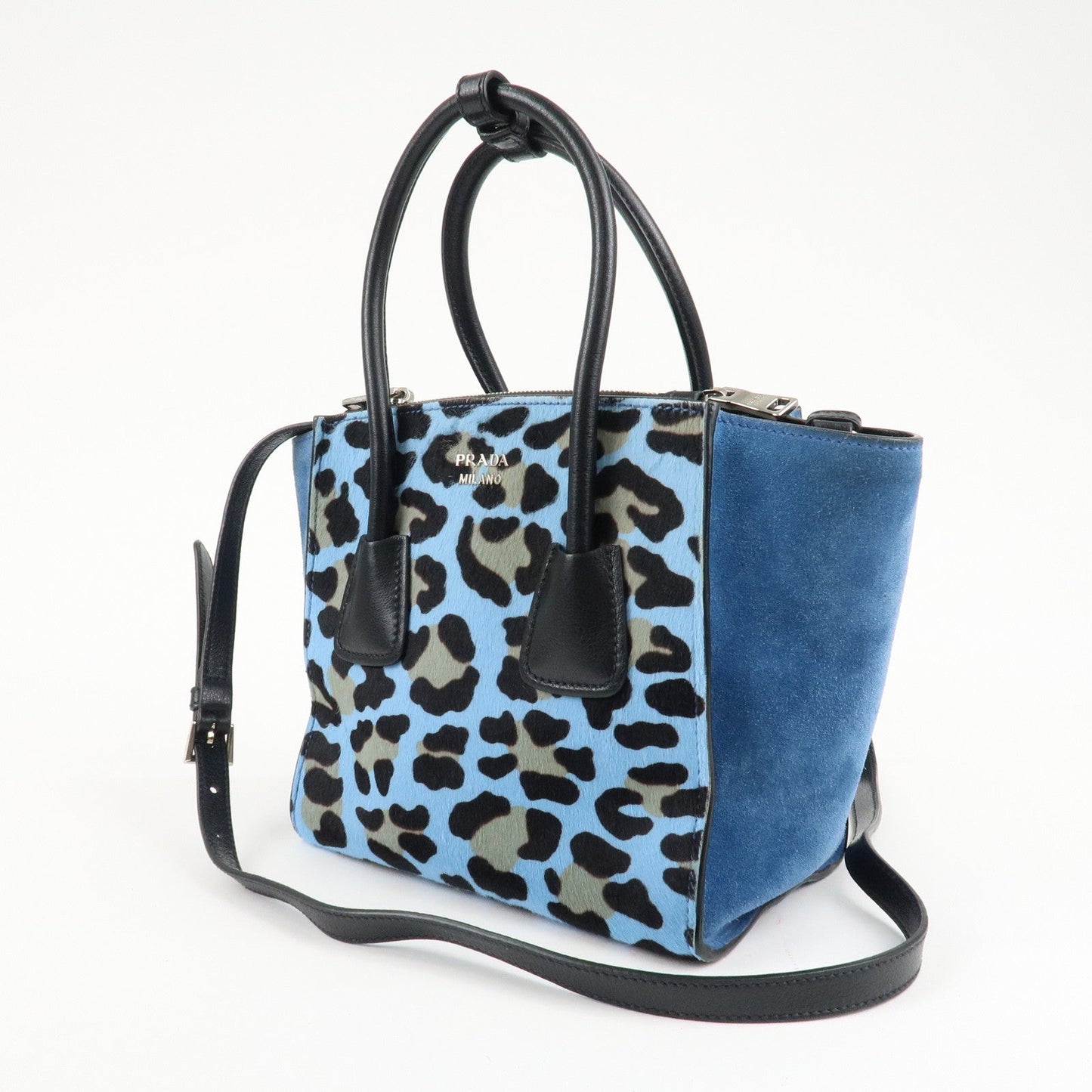 PRADA Unborn Calf Suede Leather 2Way Hand Bag Blue Black 1BA025  d