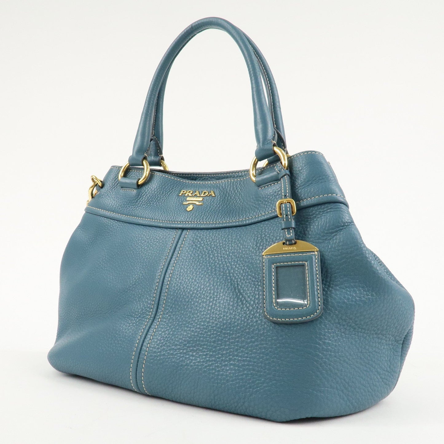 PRADA Leather 2Way Bag Hand Bag Shoulder Bag Blue Gold HDW  d