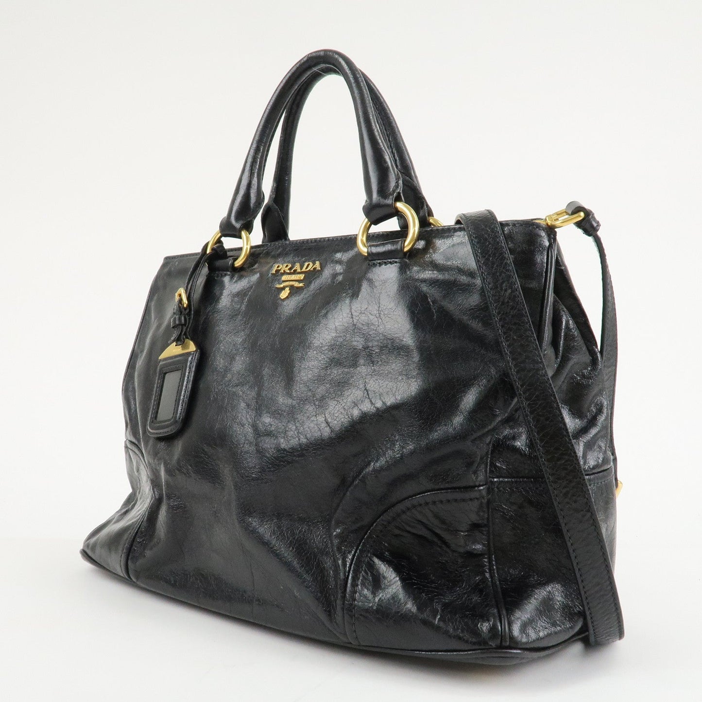 PRADA Leather 2way Bag Hand Bag Shoulder Bag Black Gold HDW  d
