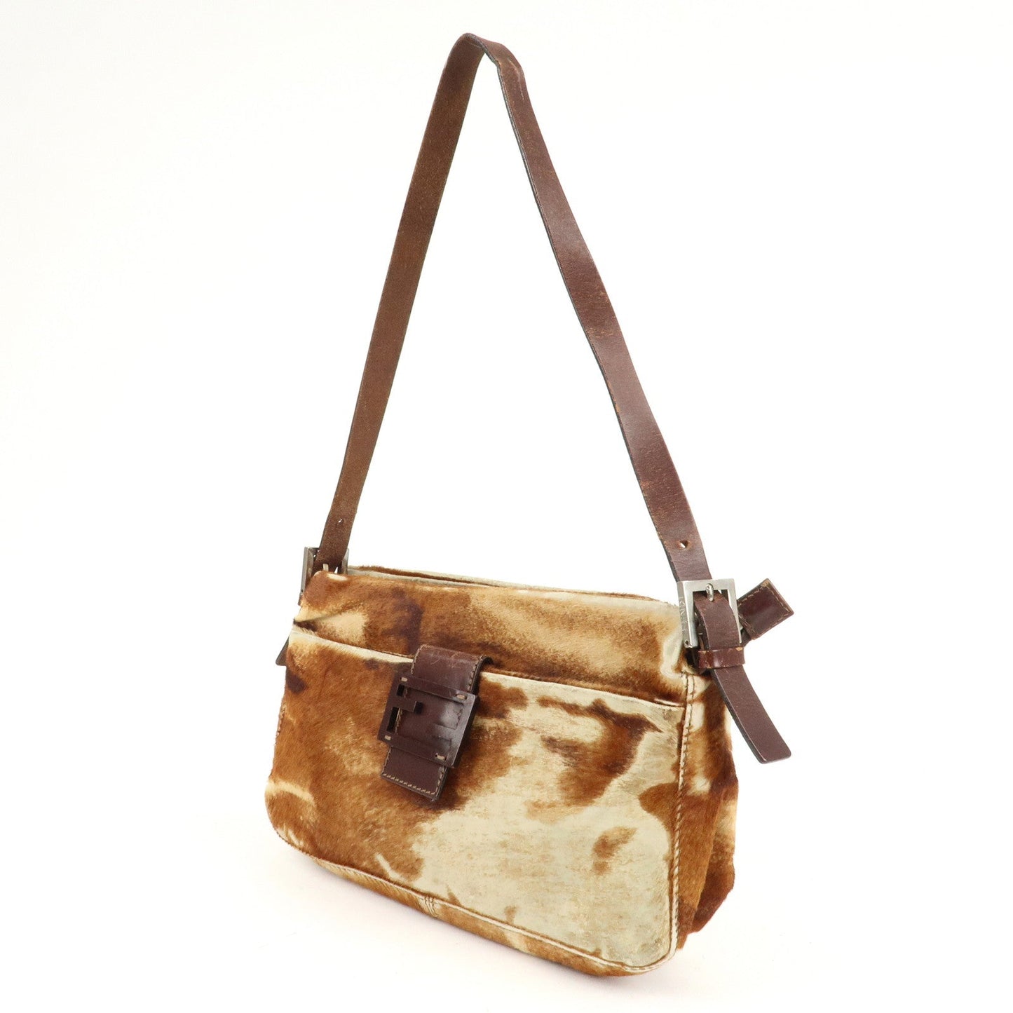 FENDI Unborn Calf Leather Shoulder Bag Brown Beige 26566  d