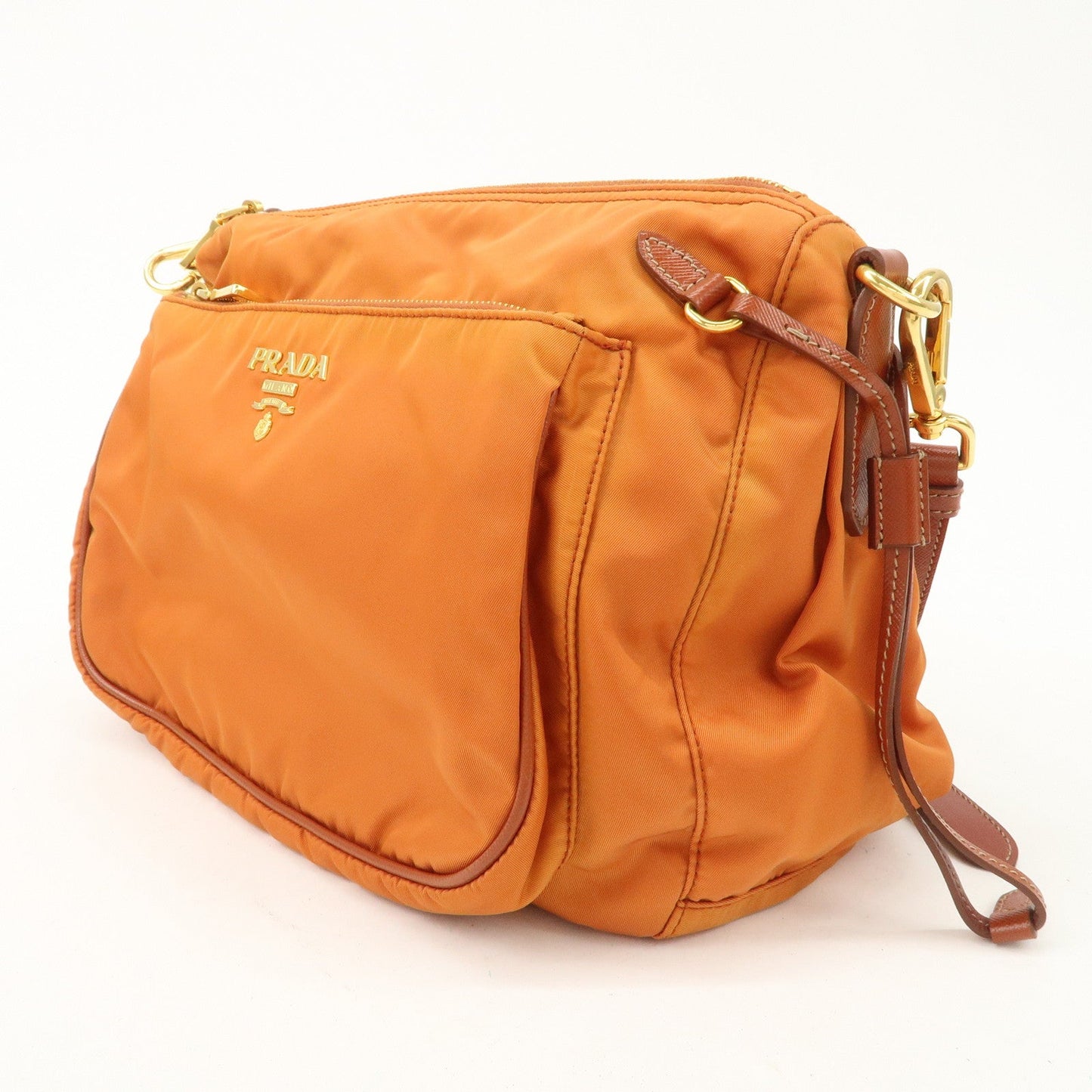 PRADA Logo Nylon Leather Shoulder Bag Gold Hardware Orange  d