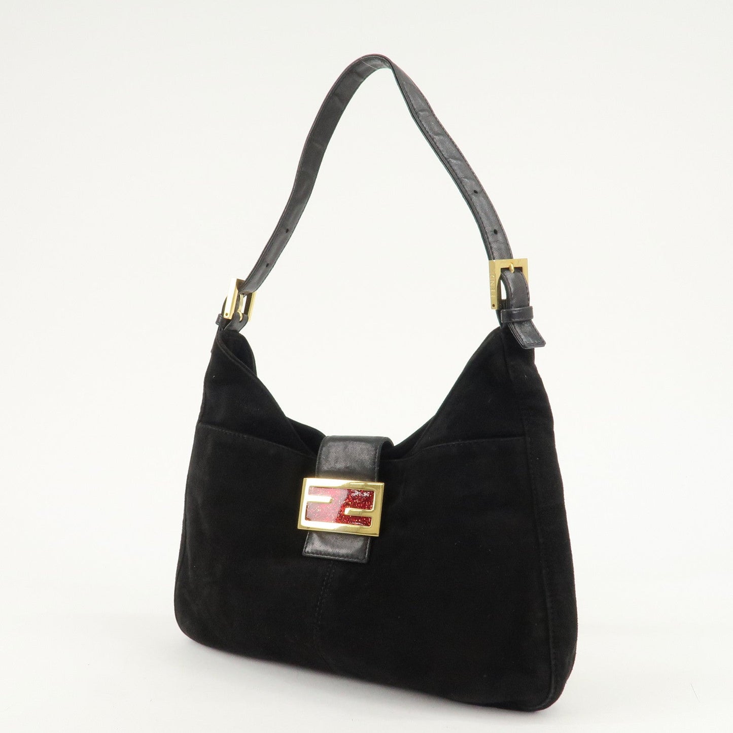 FENDI Suede Leather Shoulder Bag Black 26569  d