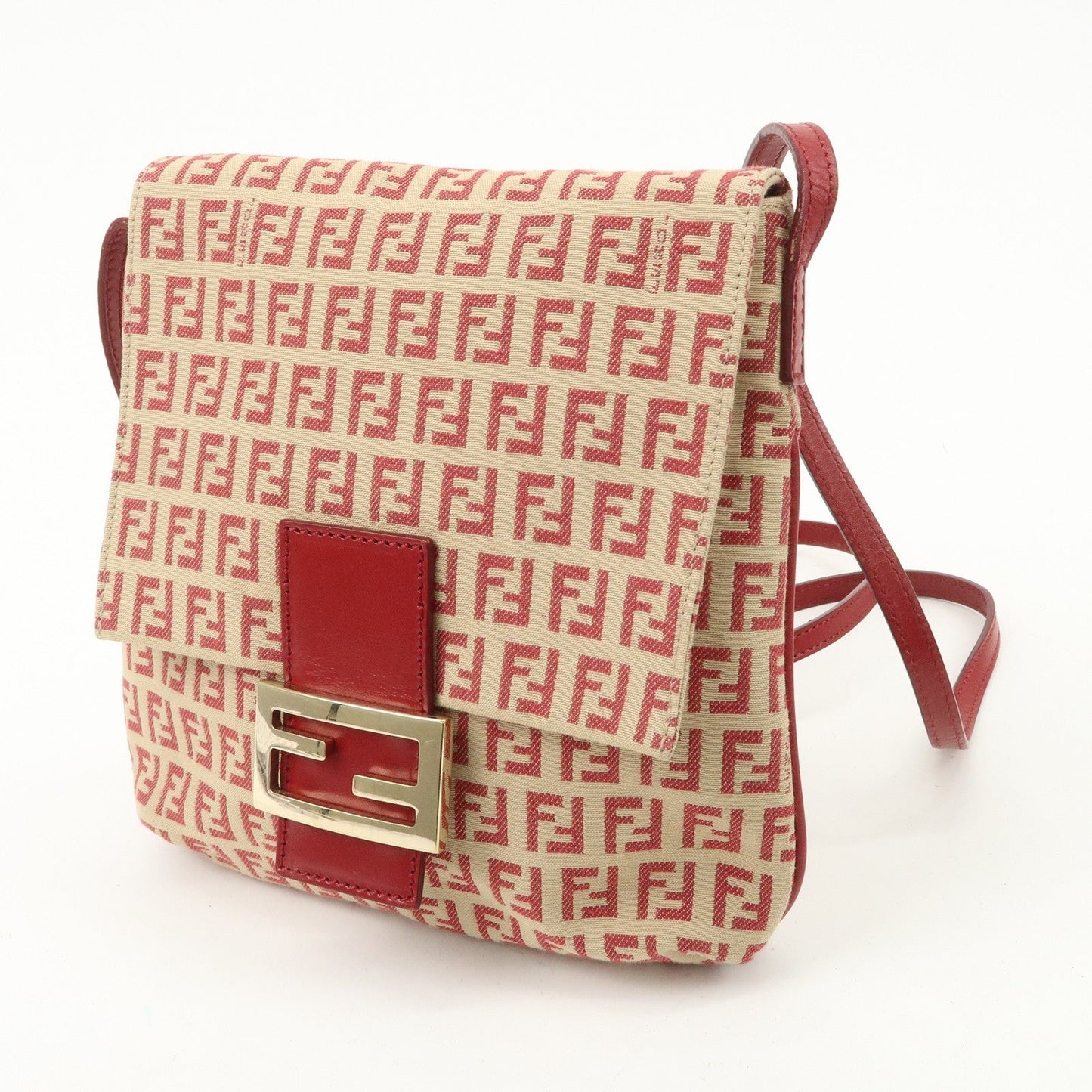 FENDI Zucchino Canvas Leather Shoulder Bag Beige Red 8BT075  d