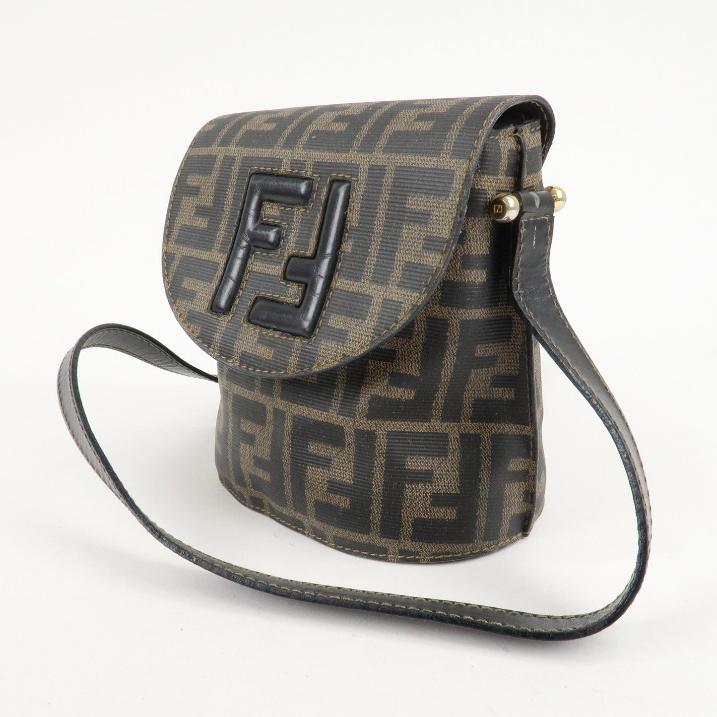 FENDI Zucca Logo Print PVC Leather Shoulder Bag Black Brown  d