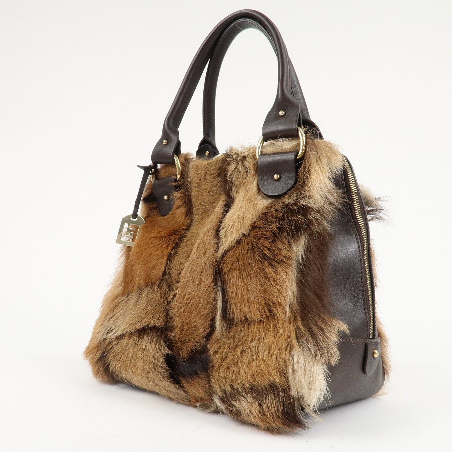 FENDI Fur Leather Tote Bag Hand Bag Shoulder Bag Brown 8BR286  d