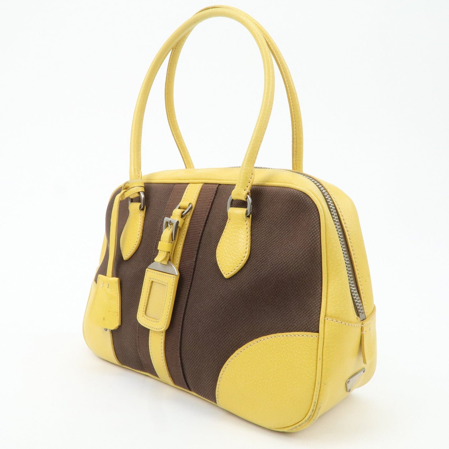 PRADA Canvas Leather Shoulder Bag Hand Bag Brown Yellow  d