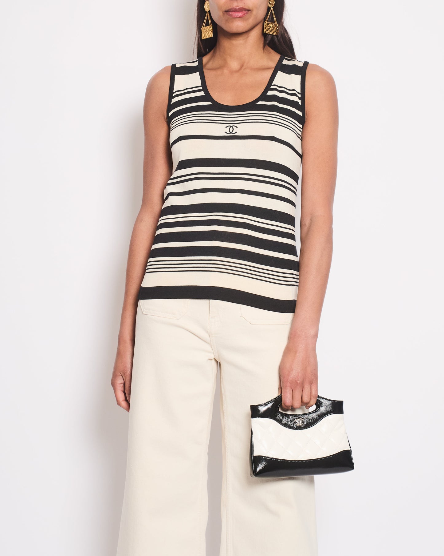 Chanel Black & Cream Striped Sleeveless Top with CC Detail FR 36 (UK 8)
