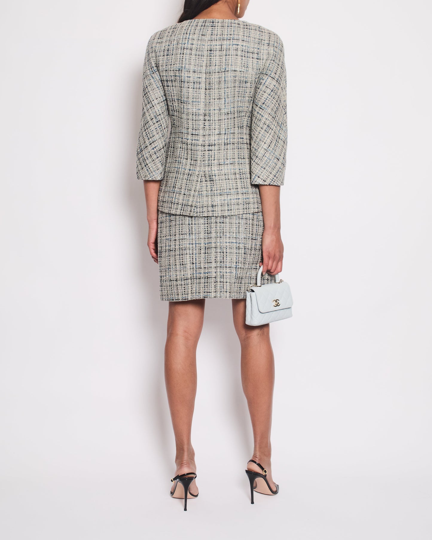 Chanel Grey and Blue Striped Tweed Jacket & Skirt Set with CC Logo Button Details Size FR 36 (UK 8)