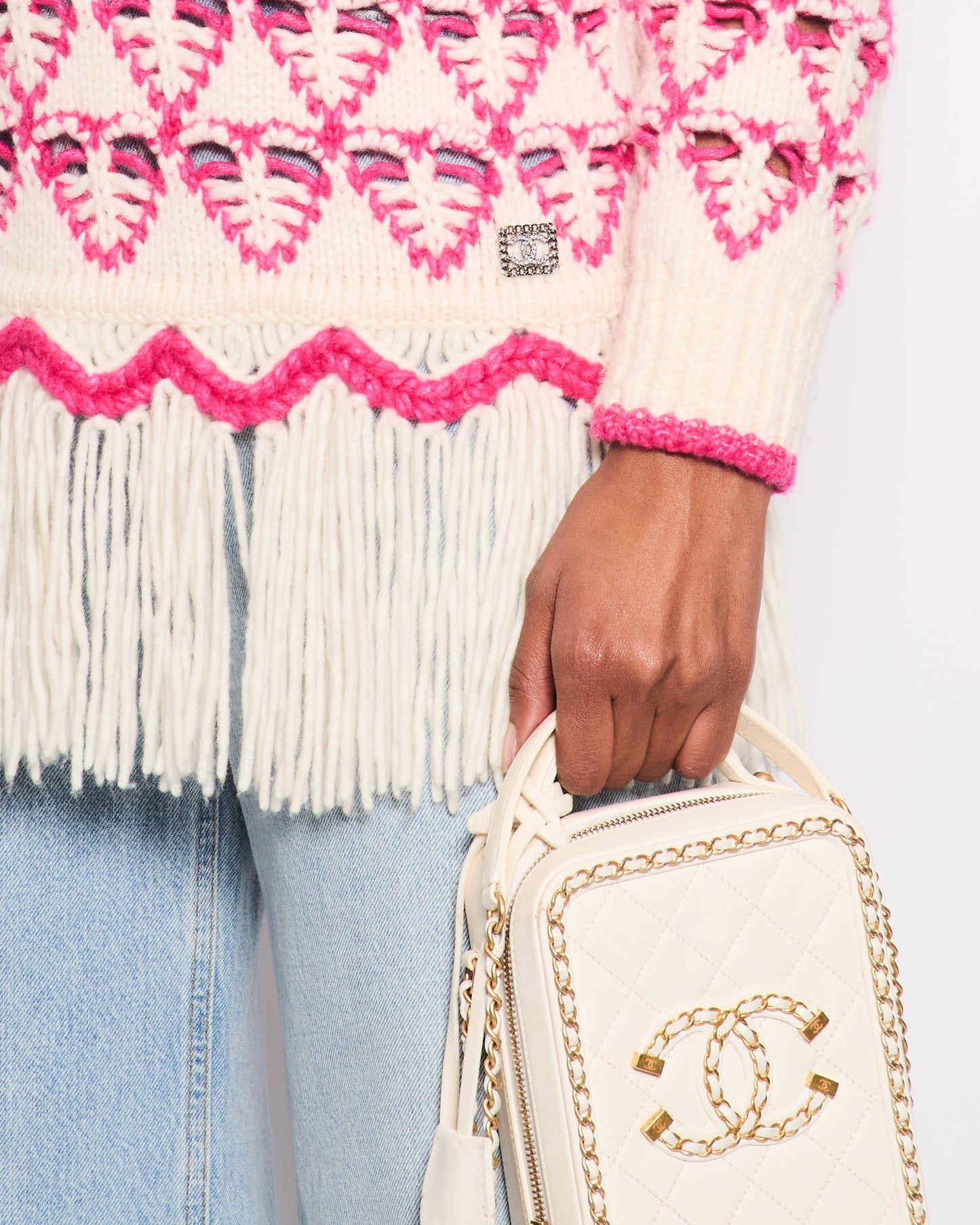 *HOT* Chanel Pink & Cream Knitted Hooded Jumper with Fringes Detail Size FR 36 (UK 8)