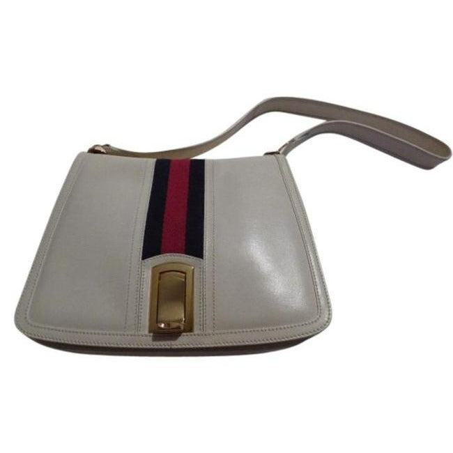 Gucci   White Leather With Wide Red Blue Striped Center Hobo Bag