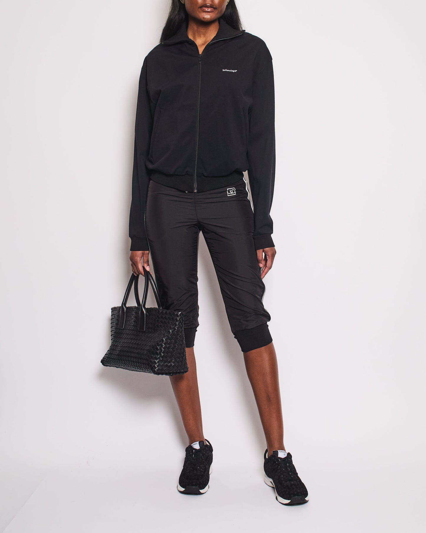 Chanel Black Nylon 3/4 Length Tro rs with Cuffed Leg Details and Silver Side Trims Size FR 34 (UK 6)