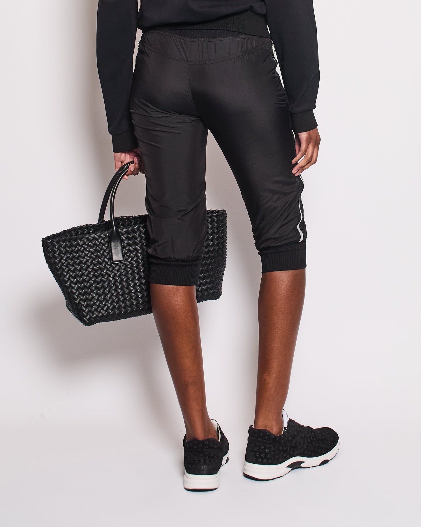 Chanel Black Nylon 3/4 Length Tro rs with Cuffed Leg Details and Silver Side Trims Size FR 34 (UK 6)